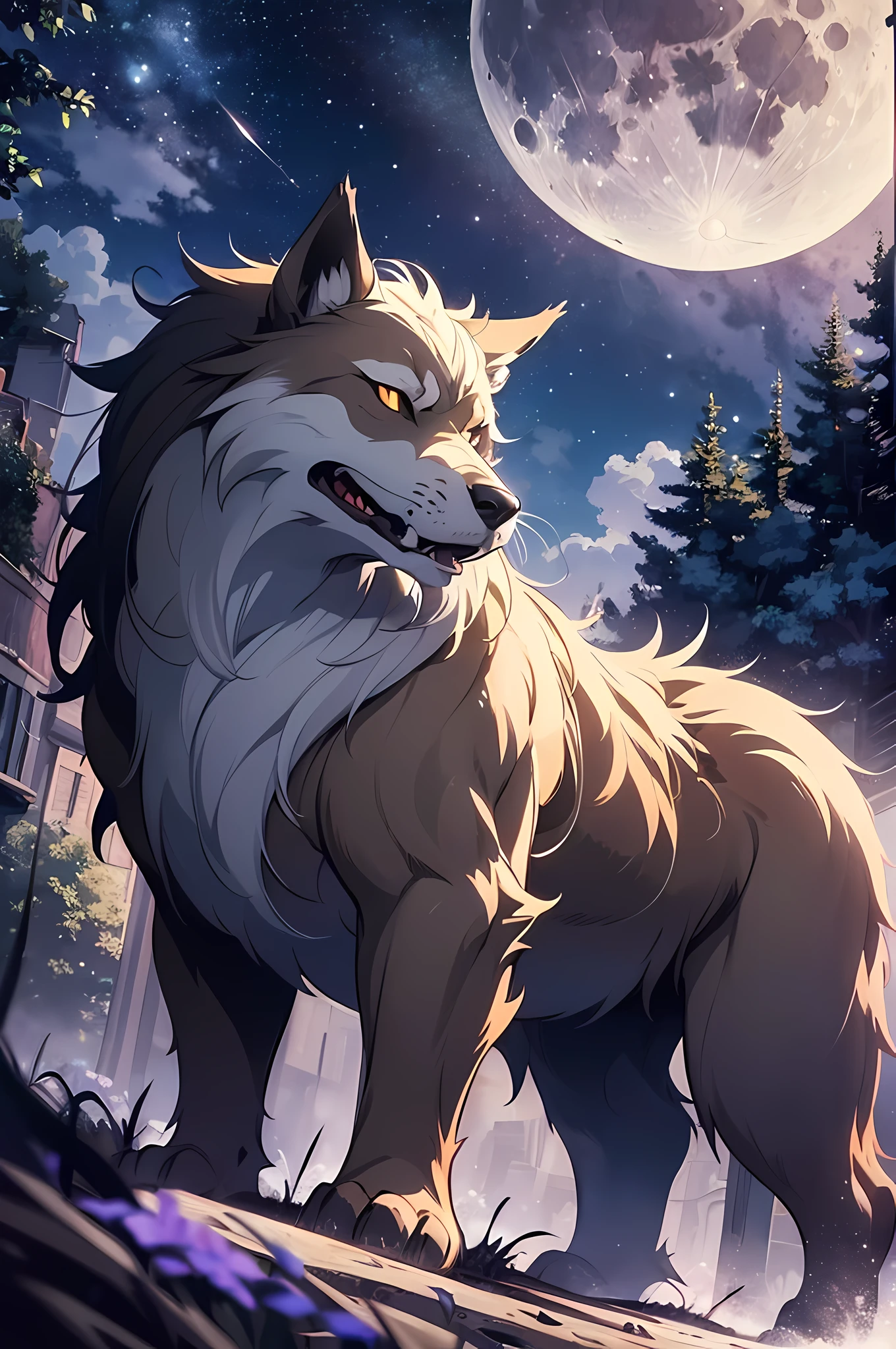 ((Werewolf: 1.3)), silhouette of a werewolf, ((howling towards the full moon at the top of the mountain: 1.3)), looking up afar, night sky, (((Full moon: 1.3)), moon is shining, big moon, clouds, stars, starry sky, galaxy, open mouth, dark background, dark fantasy, prefect ???????, perfect proportion, clear image, Ultra detailed images, (8k, R best quality, masterpiece)), (best quality), (best shadows), (best illustrations), ultra high resolution, high definition CG unified 8K wallpapers, physically based rendering, cinematic lighting), anime art wallpaper 4K, anime art wallpaper 4K, anime art wallpaper 8K, 4k anime wallpaper, anime wallpaper 4k, very beautiful furry art, 4 K Manga Wallpapers, Detailed Digital Anime Art, High Detail Official Artwork, Detailed Fan Art, Detailed Anime Art