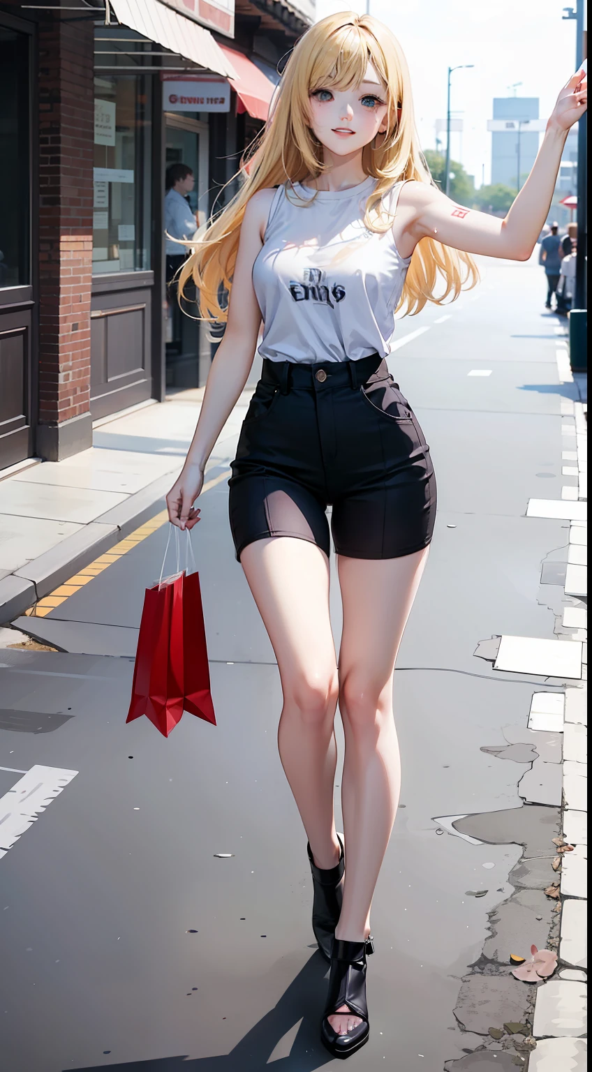 Anime girl, shoulder length messy blonde hair, heterochromia brown and grey, Real Madrid jersey , happy, shopping, Full body Beautiful anime style girl, sweat leggs, clean detailed faces, intracate clothing, analogous colors, glowing shadows, beautiful gradient, depth of field, clean image, high quality, high detail, high definition, Luminous Studio graphics engine, cute face, slim waist, nice hips, tattoo in the left arm,