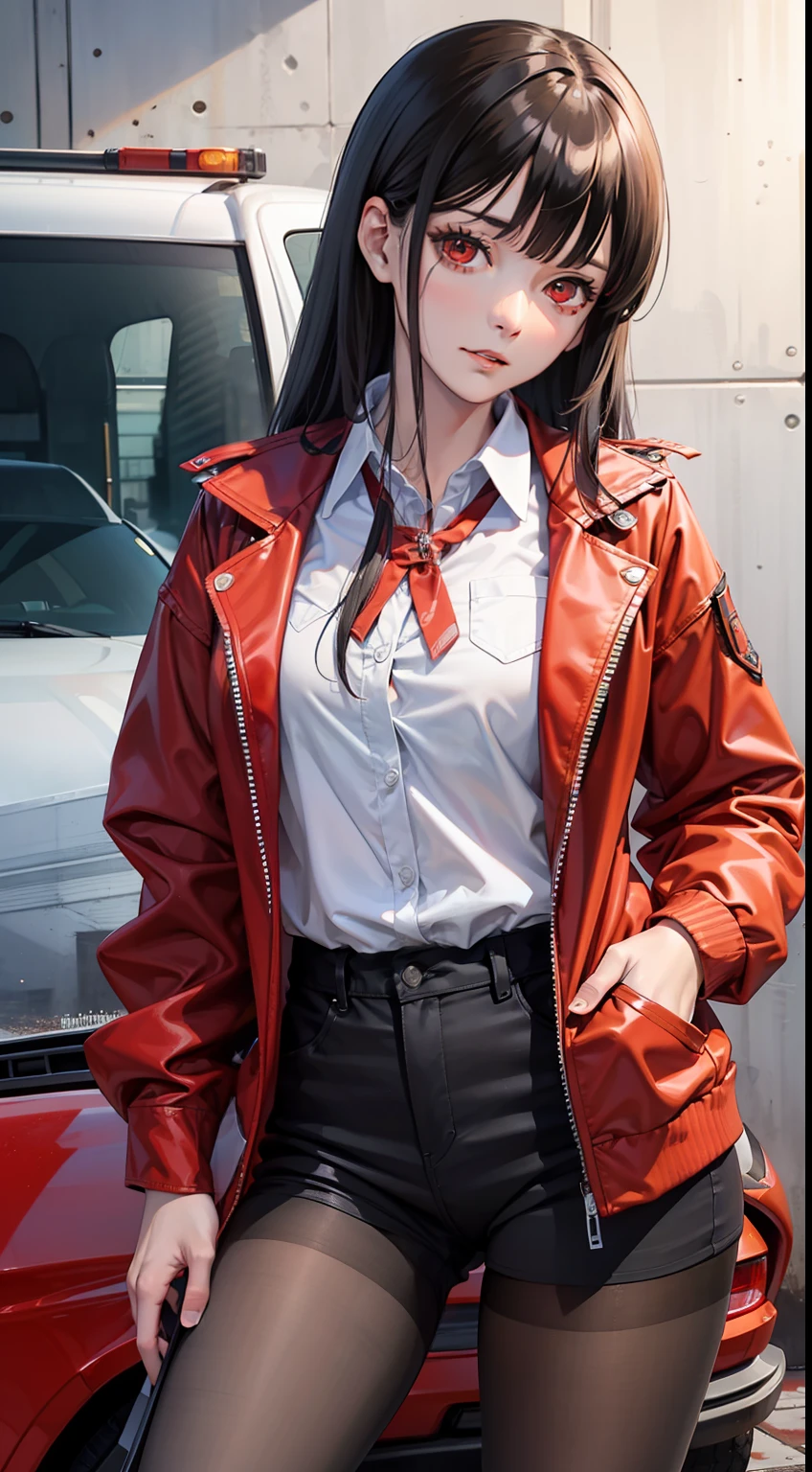 Masterpiece, best quality, (red eye:1.3),makima \(chainsaw man\), exquisite features,1girl, bangs,long hair, blood, blood on clothes,
collared shirt,
car,ground vehicle, jacket, long hair, long sleeves, looking at viewer, motor vehicle, pantyhose, shirt, solo, standing