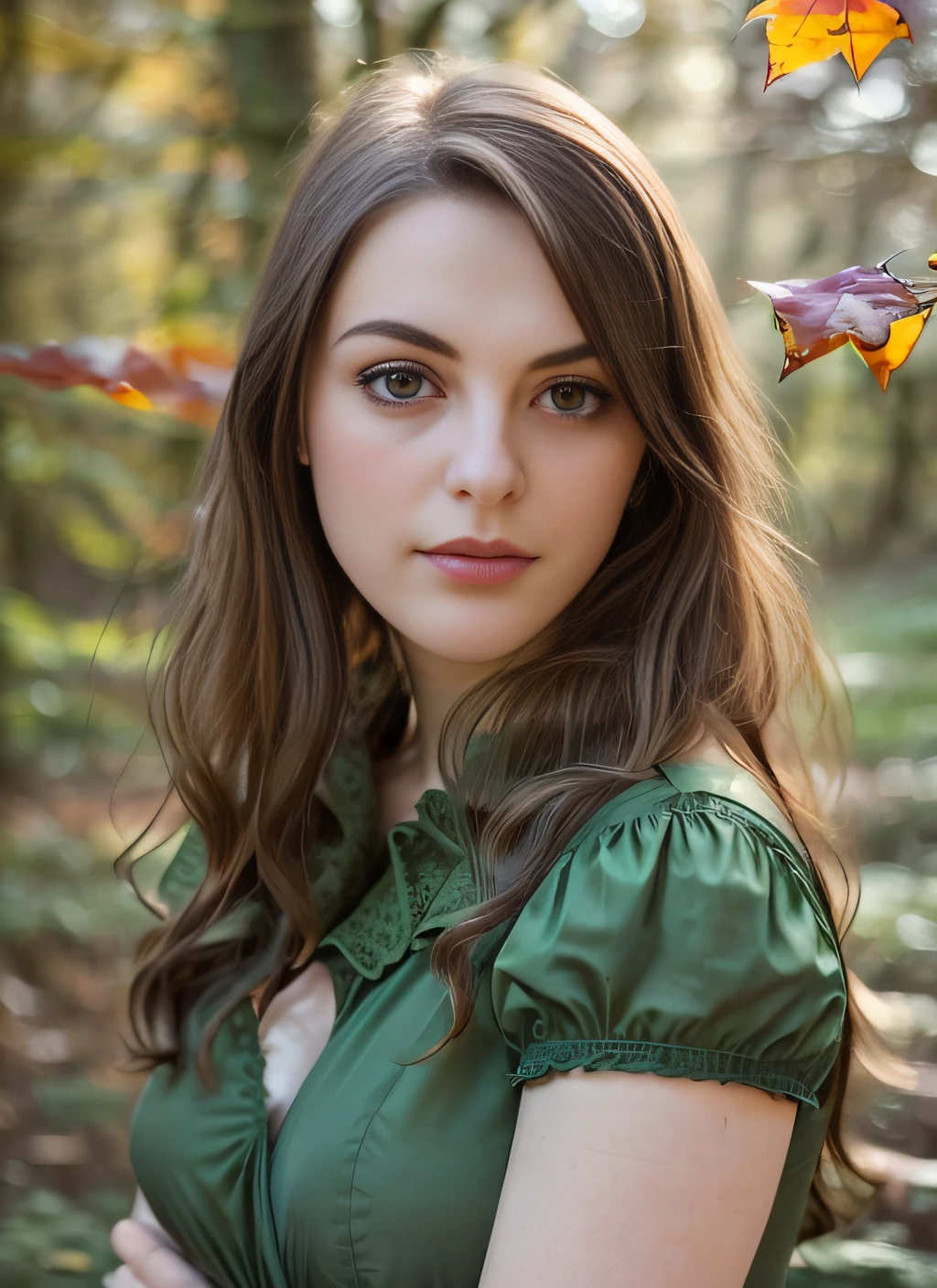 arcane style award winning upper body photo of beautiful 18yo woman in a green dress, highly detailed, fine detail, intricate, ((eye contact:1.5)), perfect eyes, in the woods, autumn , falling leaves, eye contact, facing the camera, (perfect detailed deep green eyes:1.5),
