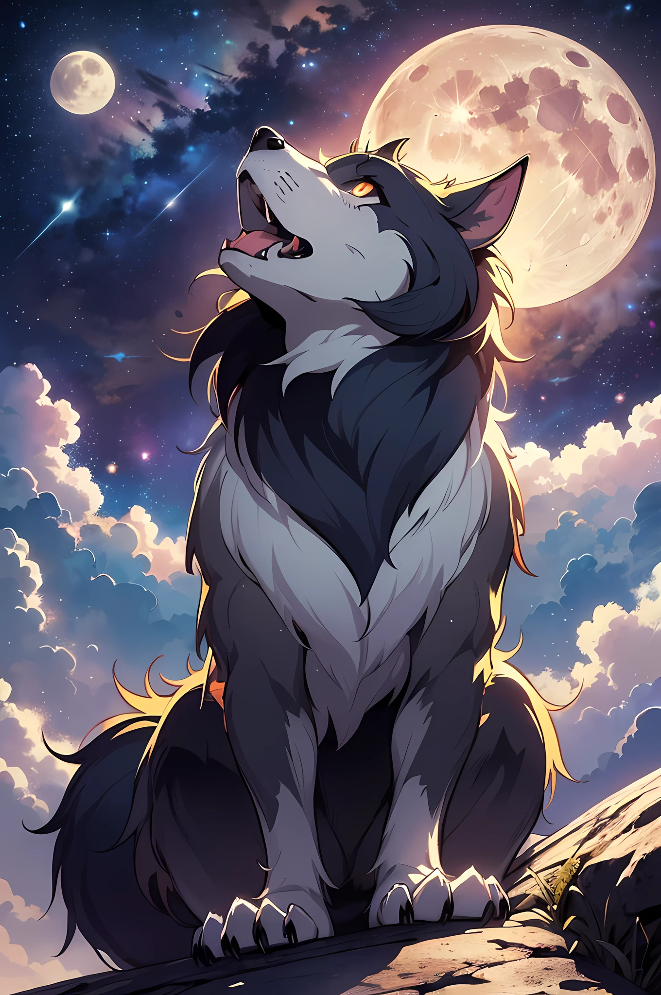 ((Werewolf: 1.3)), silhouette of a werewolf, ((howling towards the full moon at the top of the mountain: 1.3)), looking up afar, night sky, (((Full moon: 1.3)), moon is shining, big moon, clouds, stars, starry sky, galaxy, open mouth, dark background, dark fantasy, prefect anatomy, perfect proportion, clear image, Ultra detailed images, (8k, R best quality, masterpiece)), (best quality), (best shadows), (best illustrations), ultra high resolution, high definition CG unified 8K wallpapers, physically based rendering, cinematic lighting), anime art wallpaper 4K, anime art wallpaper 4K, anime art wallpaper 8K, 4k anime wallpaper, anime wallpaper 4k, very beautiful furry art, 4 K Manga Wallpapers, Detailed Digital Anime Art, High Detail Official Artwork, Detailed Fan Art, Detailed Anime Art