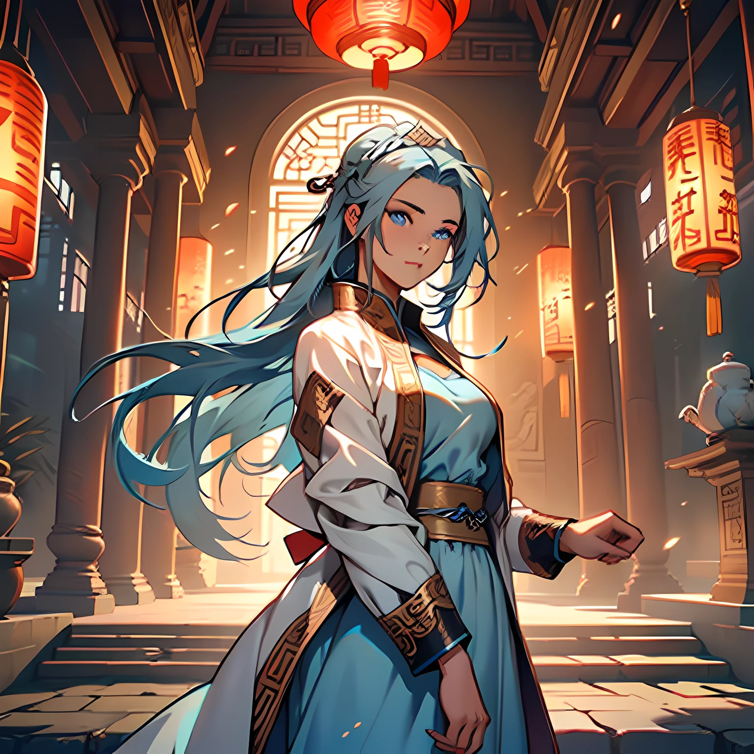 18. (1 person) ((((agirl))), (((Blue Eyes))),(((Long Blue hair))),Light blue dress with white light gauze jacket, young woman graceful and dignified,'s eyes are touched) (background: in the sacred, resplendent palace hall of ancient China).