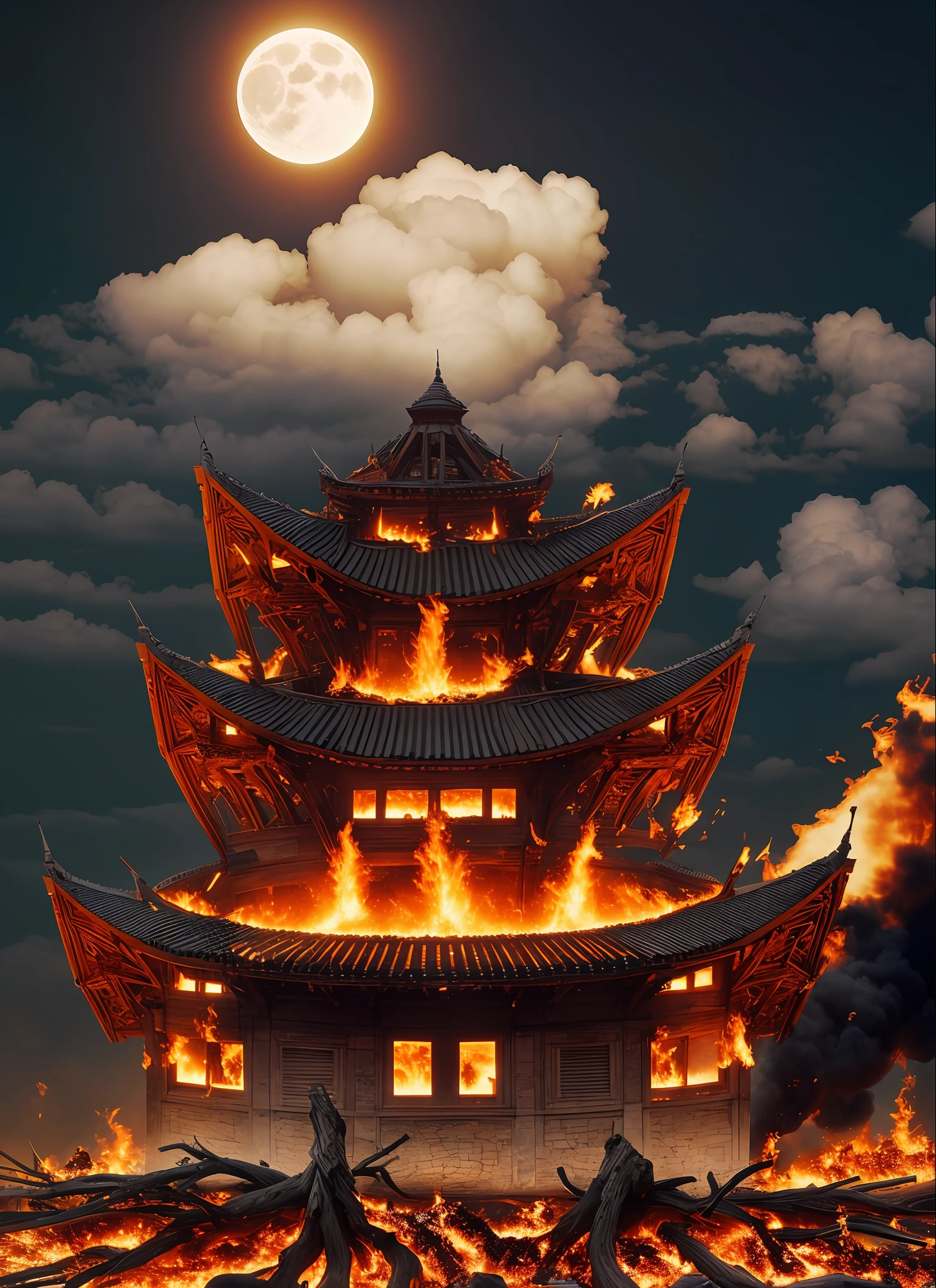 Full Moon, Building on Fire, Flames, View from Below, Super Perspective,Scattered Perspective, Infinite Extension of the Sky, Smoke, Clouds, Amber Moon, Huge Trunk, , Intricate, Balanced Composition with Proper Tension and Density, Evocative, Decent Pose, Extreme Low Shot, 32k UHD, Mega Picel, Backlit, Volume, Unreal Engine