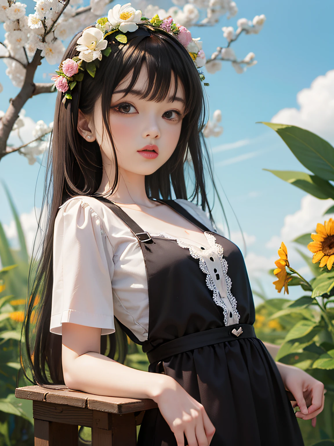 HD, depth of field, spring, smaller head, sideways, black hair, garland, anime, lace short sleeves, wild, country, colorful flowers and plants