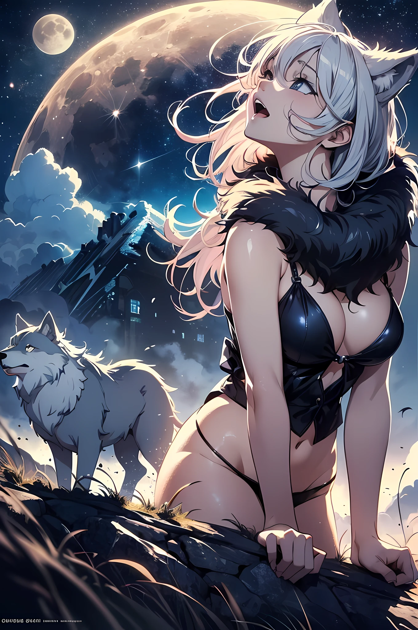 Full moon with wolves, (((Wolf: 1.3)), wolf silhouette, ((howling towards the full moon at the top of the mountain: 1.3)), looking up afar, night sky, ((Full moon: 1.3, moon is shining, big moon)), clouds, stars, starry sky, galaxy, open mouth, dark background, dark fantasy, prefect anatomy, perfect proportion, clear image, Ultra detailed images, (8k, highest quality, masterpiece)), (best quality), (best shadows), (best illustrations), ultra high resolution, high definition CG unified 8K wallpapers, physically based rendering, cinematic lighting), anime art wallpaper 4K, anime art wallpaper 4K, anime art wallpaper 8K, 4k anime wallpaper, anime wallpaper 4K, anime wallpaper 4K, very beautiful furry art, 4 K Manga Wallpapers, Detailed Digital Anime Art, High Detail Official Artwork, Detailed Fan Art, Detailed Anime Art