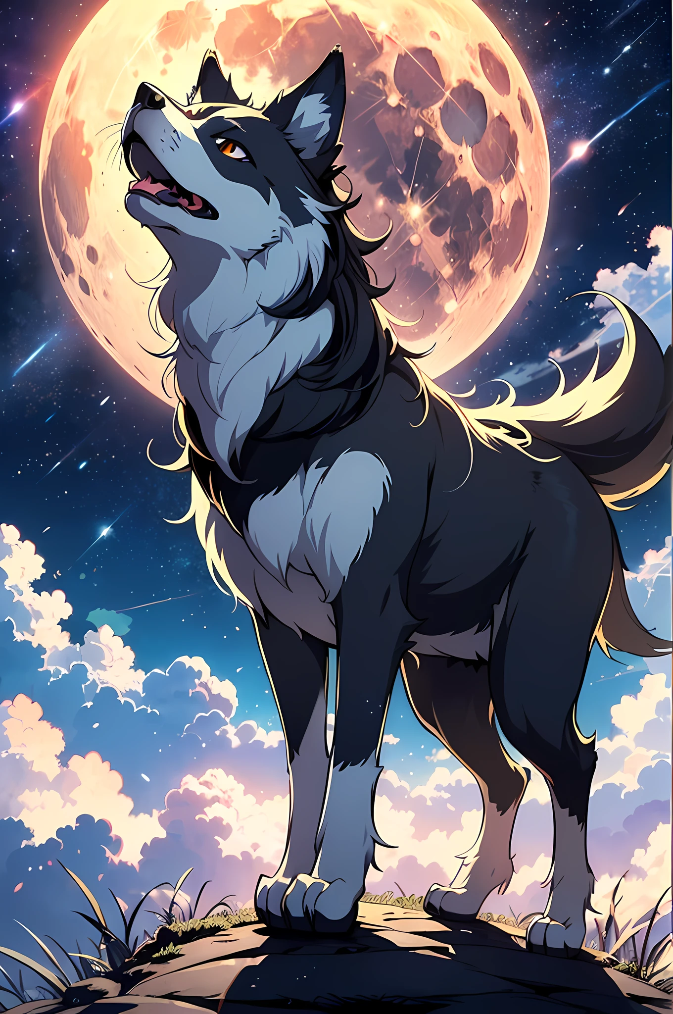 Full moon with wolves, (((Wolf: 1.3)), wolf silhouette, ((howling towards the full moon at the top of the mountain: 1.3)), looking up afar, night sky, ((Full moon: 1.3, moon is shining, big moon)), clouds, stars, starry sky, galaxy, open mouth, dark background, dark fantasy, prefect anatomy, perfect proportion, clear image, Ultra detailed images, (8k, highest quality, masterpiece)), (best quality), (best shadows), (best illustrations), ultra high resolution, high definition CG unified 8K wallpapers, physically based rendering, cinematic lighting), anime art wallpaper 4K, anime art wallpaper 4K, anime art wallpaper 8K, 4k anime wallpaper, anime wallpaper 4K, anime wallpaper 4K, very beautiful furry art, 4 K Manga Wallpapers, Detailed Digital Anime Art, High Detail Official Artwork, Detailed Fan Art, Detailed Anime Art