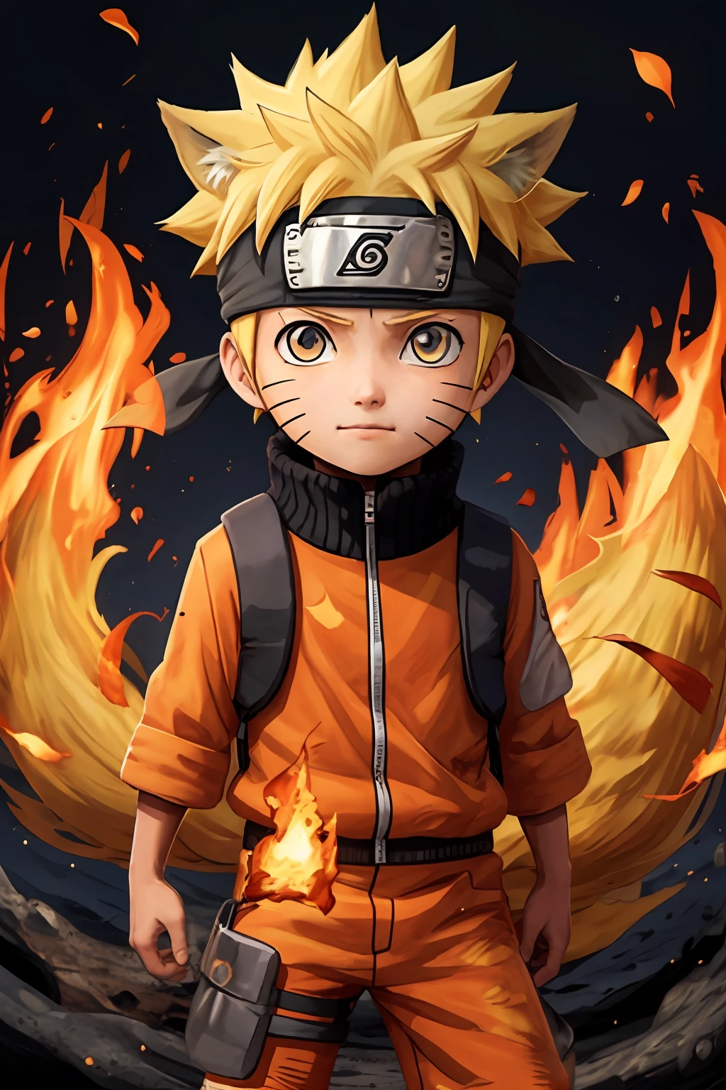 Naruto,1boy, black_background, fire, 9 fox tails,