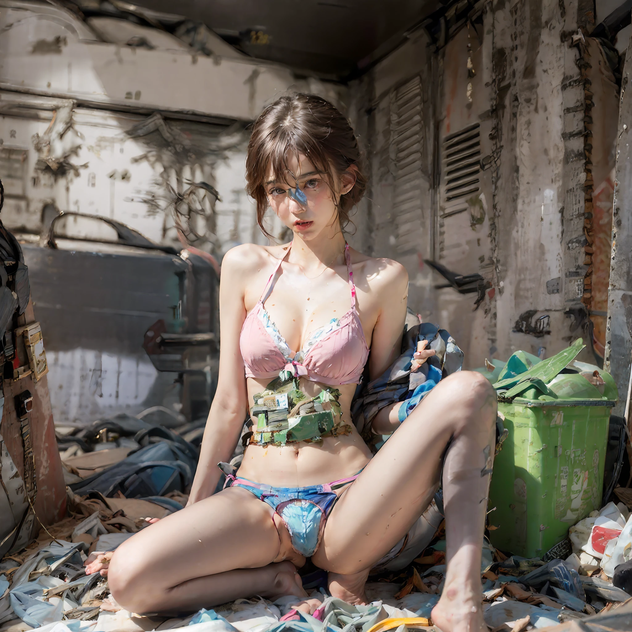 Garbage heap scene (1:4), Best Quality, Full Body Portrait (1:1), Delicate Face, 18-year-old girl, slim slender figure, skinny, smaller bust, pink, torn transparent bikini, looming, panties to crotch, barefoot, garbage (7:1), sweat (5:1), white viscous liquid (5:1)