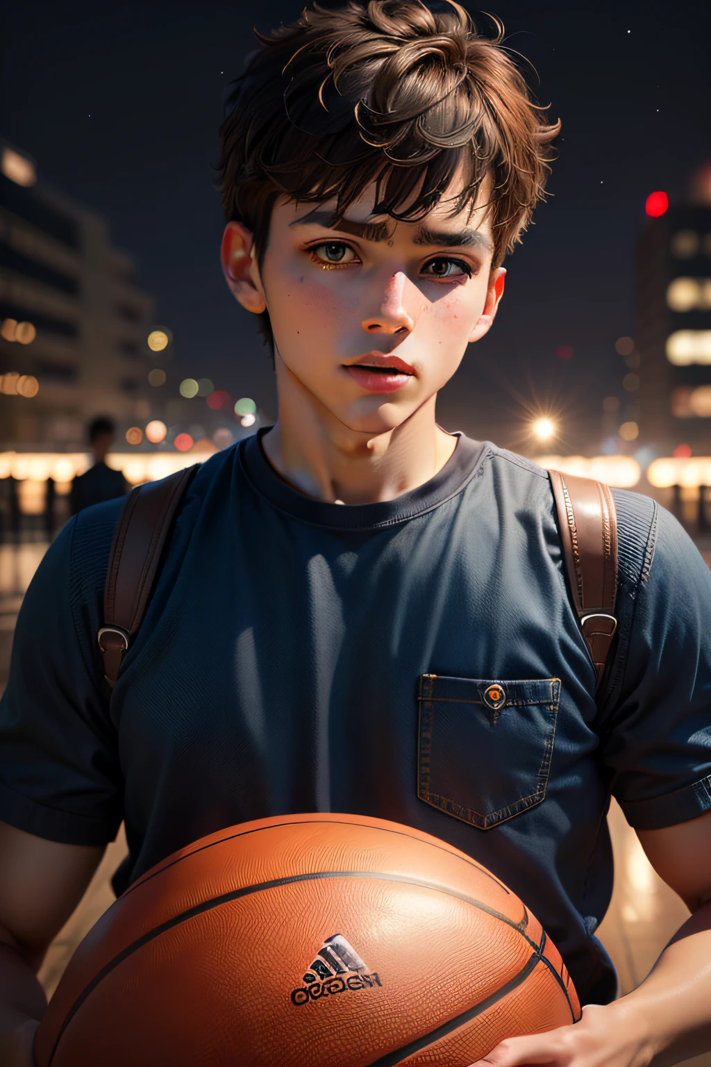 1boy, basketball court, night, cityscape, city lights, upper body, close up, 8k, raw photo, best quality, masterpiece, realistic, photo realistic, youthful beauty, denim top, big eyes, stars