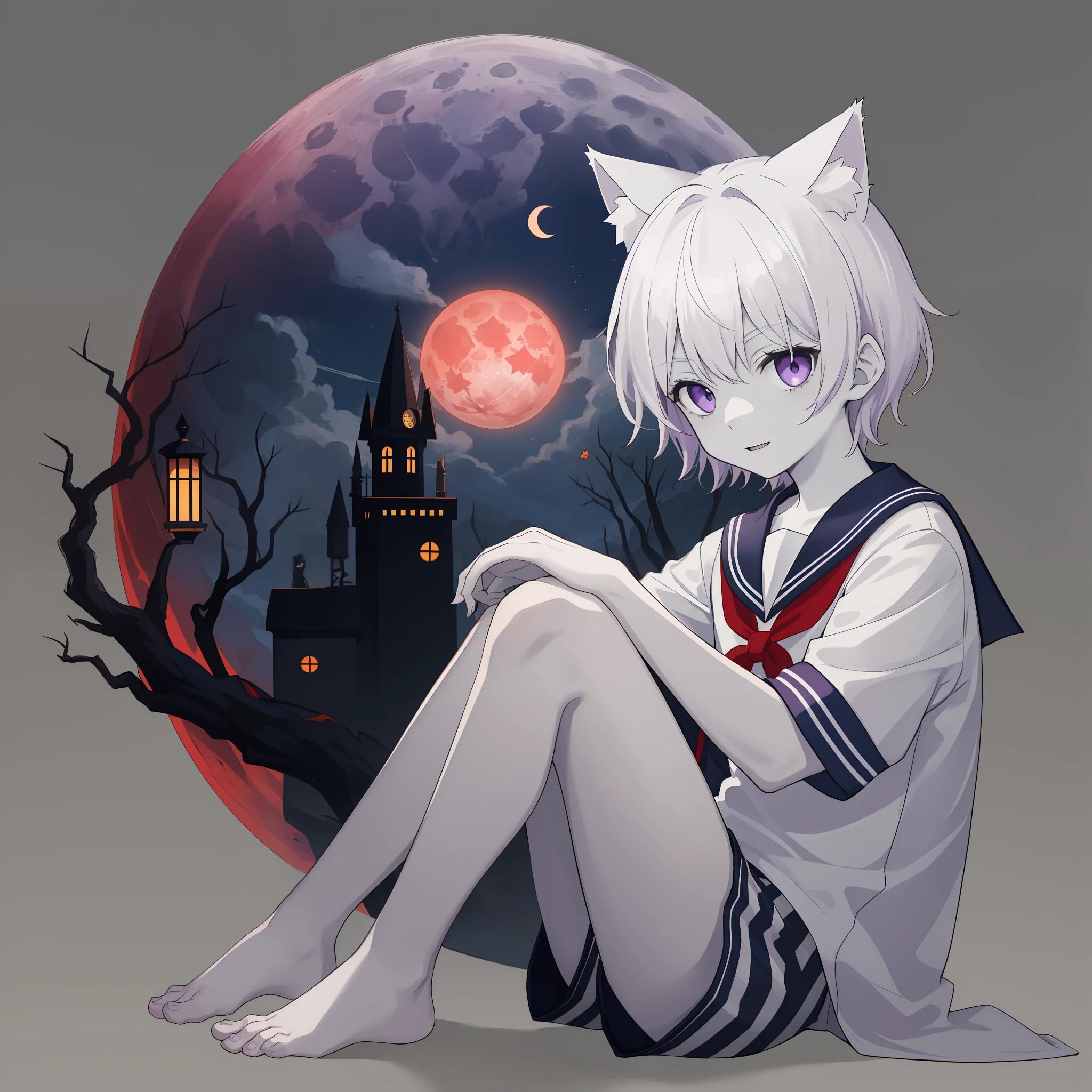 ((Pale Skin)), (Little Boy), (Red Moon), (Short Hair), (Purple Eyes), (White Hair), (Blue and White Striped Sailor Suit), (Blue and White Striped Shorts), (Barefoot), (Happy), (Cat Ear Tail), (Handsome), (Sitting on the Moon), (Zombie)