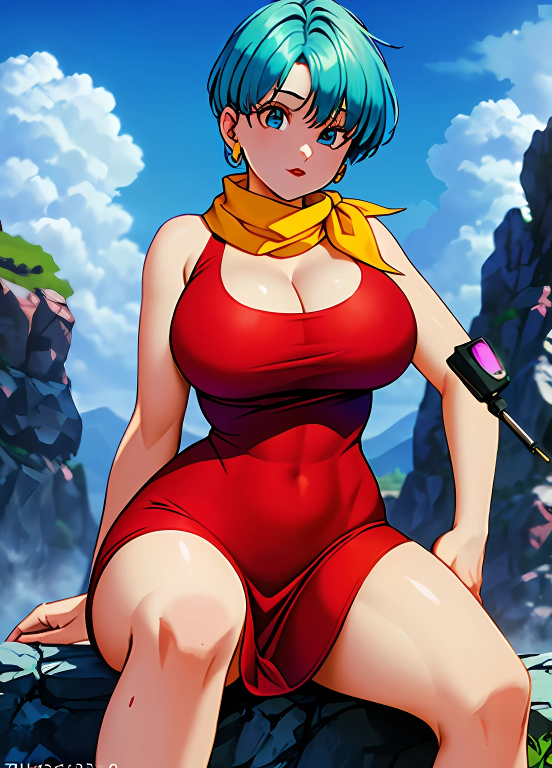 masterpiece, top quality, highest quality, (perfect lighting), (photorealistic), perfect anatomy, perfect face, perfect eyes,
 bulmadbzreddress, aquamarine hair, short hair, blue eyes, earrings, red dress, yellow scarf, blue sky, clouds, on a cliff looking at the city, (beautiful girl mama:1.5), very tight red dress, legs open, ((huge breasts, cleavage))), ((thick thighs, hourglass figure)), (topless), (topless), 1.5) ((thick red lips), (blue eyes)), (( Aquamarine hair)) photorealistic, photography, masterpiece, realistic, realism, photorealism, photorealism, high contrast, photorealistic digital art trend in art station 8k hd hd realistic details, detail, skin texture, ultra detail, realistic skin texture, best quality, ultra high resolution (photorealistic: 1.4), high resolution, Detail, Raw Photography, Sharp Re, by Lee Jefferies Nikon D850 Film Stock Photo 4 Kodak Portra 400 Camera F1.6 Lens Rich colors Realistic textures Ultra-realistic Dramatic lighting Unrealistic Art Station Engine Trends CineStill 800, Live Action