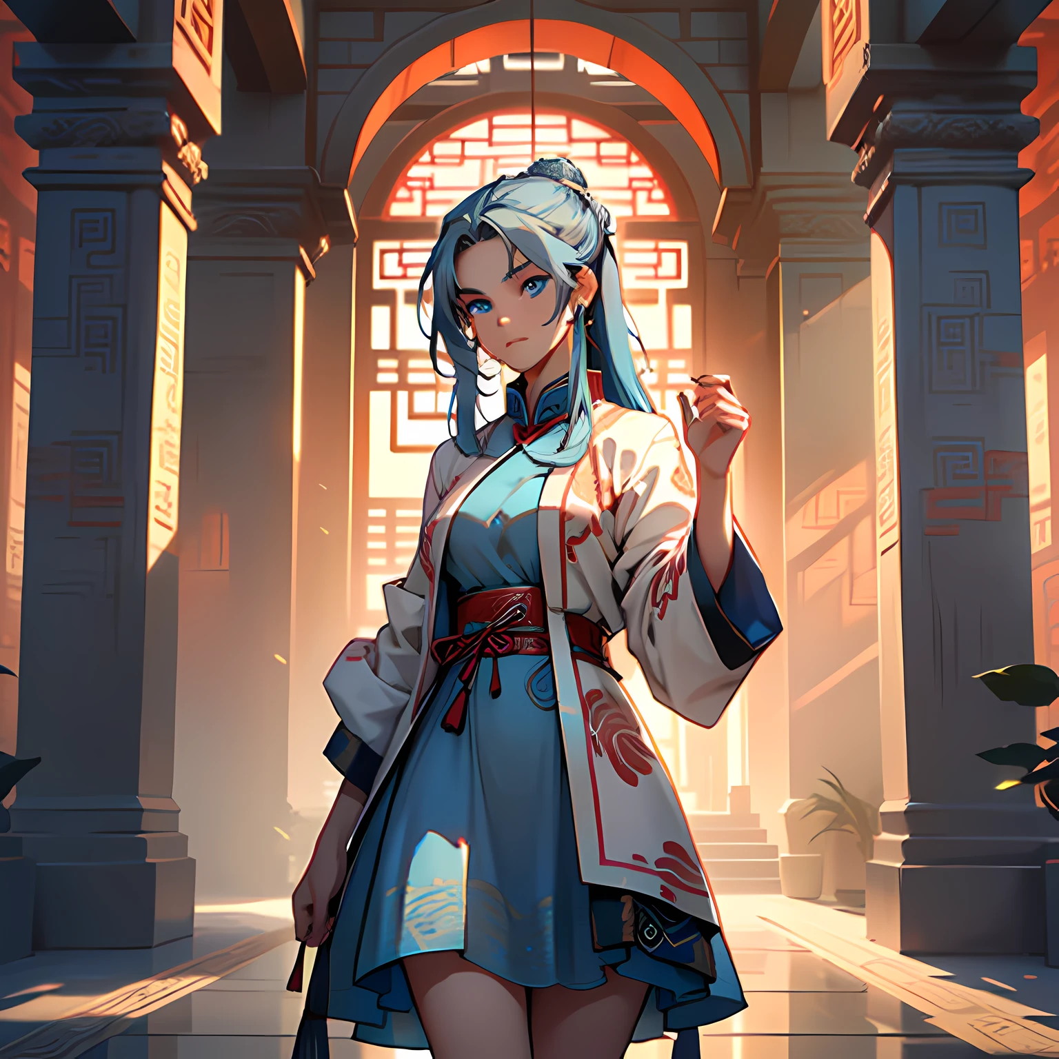 18. (1 person) ((((agirl))), (((Blue Eyes))),(((Long Blue hair))),Light blue dress with white light gauze jacket, young woman graceful and dignified,'s eyes are touched) (background: in the sacred, resplendent palace hall of ancient China).