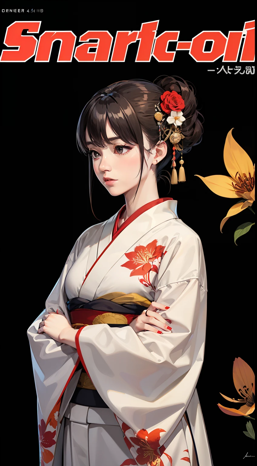 (masterpiece:1.4, best quality:1.4), illustrations, (solo:1.2), (original), (very detailed wallpaper), photographic reality, (ultra detailed:1.4), (super complex details), (Magazine cover girl:1.3), adorned with red (flower) accents, specifically spider lilies. Their long hair cascades from behind, complementing the simple, black background. They are dressed in a captivating black kimono with a floral print, featuring long sleeves and a see-through print kimono. The subject has red nails and wears nail polish, exuding elegance in their Japanese clothes, including an obi sash. They are facing away, showcasing a self-hug pose with crossed arms and a cowboy shot composition, revealing their nape. The cover should include an artist signature, and light particles should add a touch of magic to the scene. The overall style should be sophisticated and enchanting, with a focus on traditional Japanese fashion, and the kimono being the centerpiece.