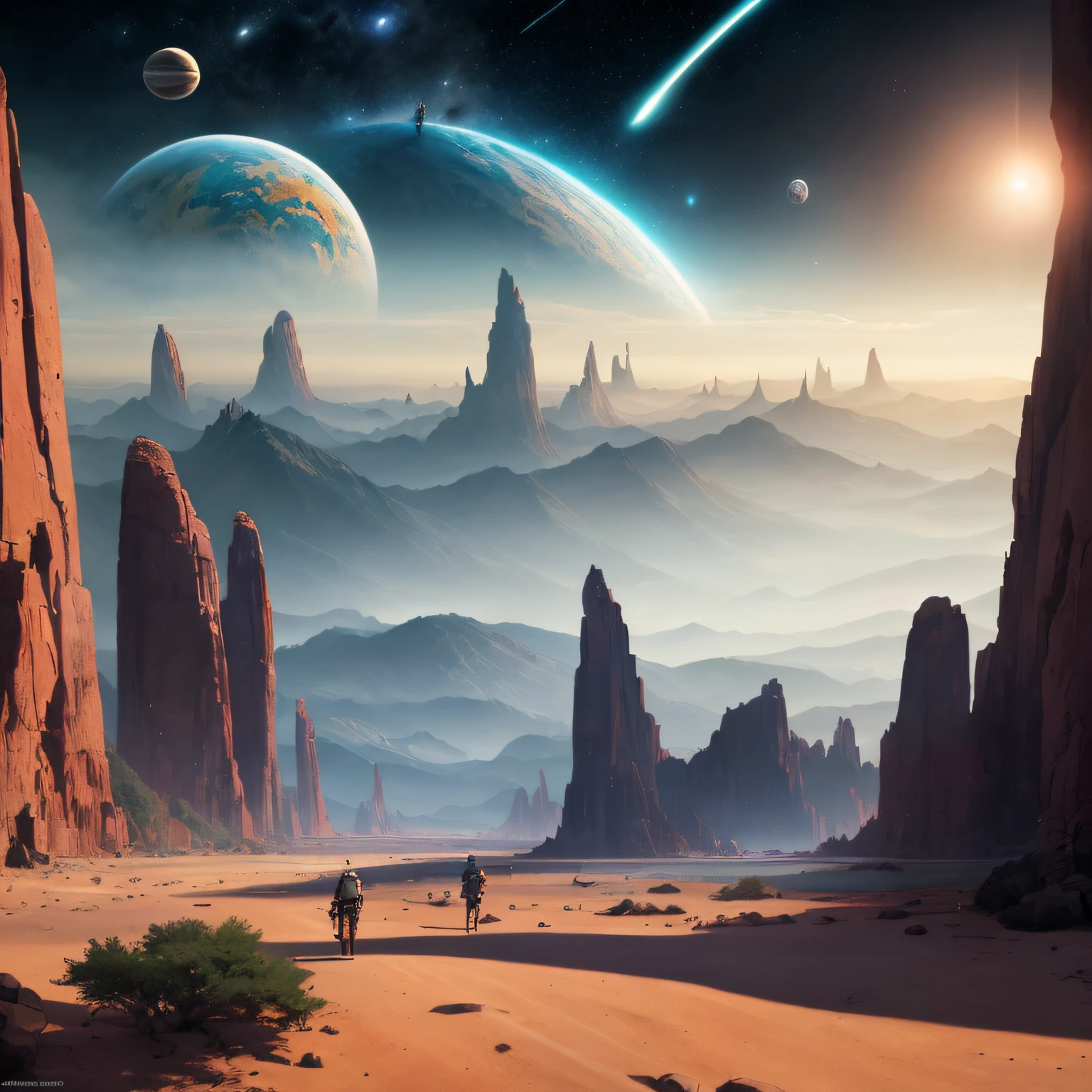 (Very detailed CG unity 8k wallpapers), panoramas of the most beautiful outer space artwork, sci-fi space landscapes, planets, Ed Blinkey, Atey Ghailan, professional majestic paintings of Studio Ghibli, Jeremy Mann, Greg Manchess, Antonio Moro, Trending on ArtStation, Trending on CGSociety, Intricate, High Detail, Sharp focus, dramatic, photorealistic painting art by midjourney and greg rutkowski --auto