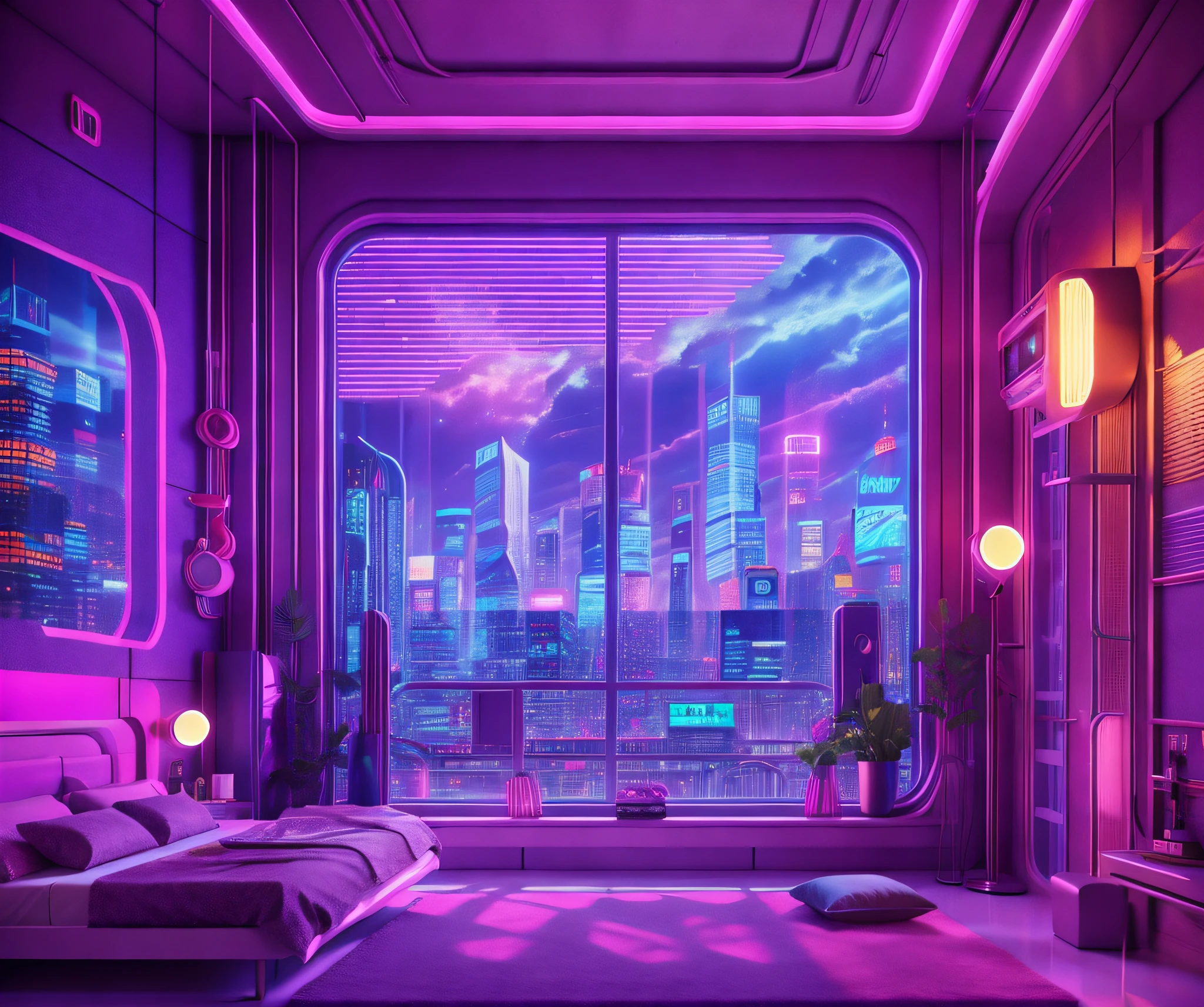 ((masterpiece)), (ultra-detailed), (intricate details), (high resolution CGI artwork 8k), Create an image of a retro futuristic cyberpunk bedroom. One of the walls should feature a big window with a busy, colorful, and detailed cyberpunk cityscape. Futuristic style with lots of colors and LED lights. The cityscape should be extremely detailed with depth of field. Utilize atmospheric lighting to create depth and evoke the feel of a busy futuristic city outside the window. Pay close attention to face details like intricate, hires eyes and bedroom accents. Camera: wide shot showing the room and the window. The window should be the focal point of the image. Lighting: use atmospheric and volumetric lighting to enhance the cityscape details. The room should be illuminated by the neon lights from the cityscape.