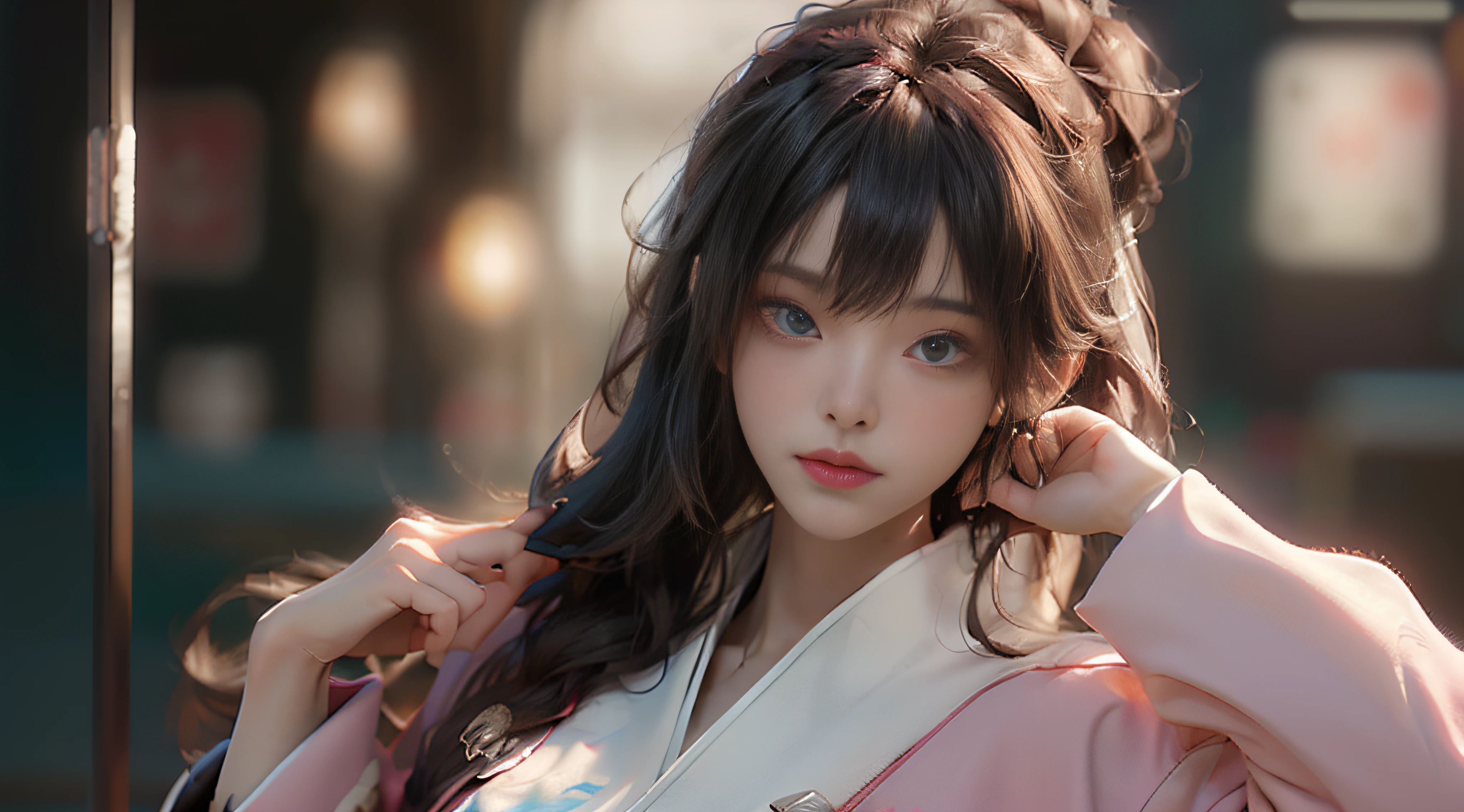((Best Quality)), ((Masterpiece)), (Detail: 1.4), 3D, Beautiful Cyberpunk Female Image, HDR (High Dynamic Range), Ray Tracing, NVIDIA RTX, Super Resolution, Unreal 5, Subsurface Scattering, PBR Texture, Post-Processing, Anisotropic Filtering, Depth of Field, Maximum Sharpness and Sharpness, Multi-layer Texture, Albedo and Highlight Mapping, Surface Coloring, Mitsu-Accurate Simulation of Material Interactions, Perfect Proportions, Octane Rendering, Two-color Light, Large Aperture, Low ISO, white balance, regular three-point, 8K RAW, beautiful bright pupils, flowing robe, fine pupils, delicate face and eyes, long eyelashes, blush, fluffy hair, pink lips