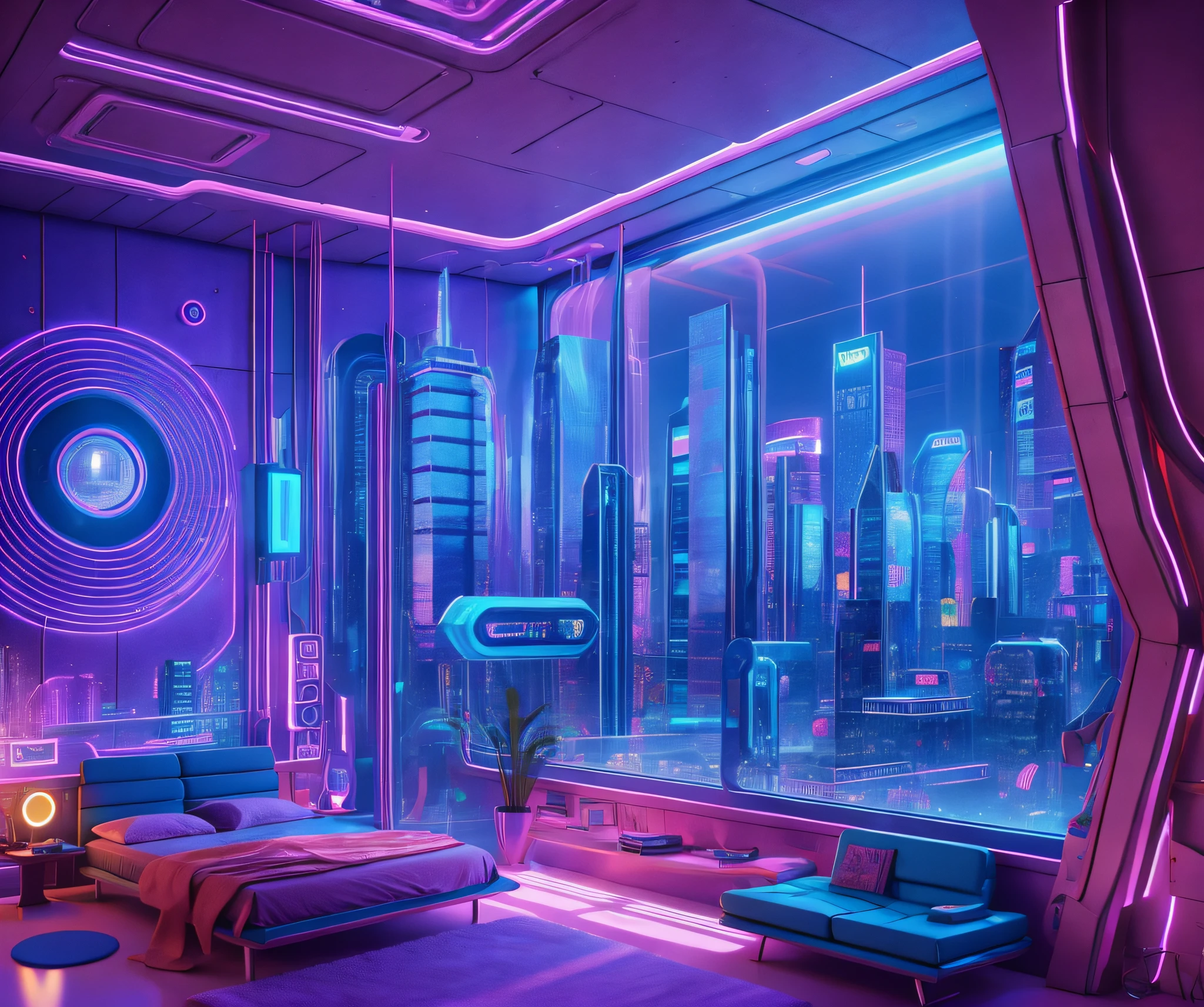 ((masterpiece)), (ultra-detailed), (intricate details), (high resolution CGI artwork 8k), Create an image of a retro futuristic cyberpunk bedroom. One of the walls should feature a big window with a busy, colorful, and detailed cyberpunk cityscape. Futuristic style with lots of colors and LED lights. The cityscape should be extremely detailed with depth of field. Utilize atmospheric lighting to create depth and evoke the feel of a busy futuristic city outside the window. Pay close attention to face details like intricate, hires eyes and bedroom accents. Camera: wide shot showing the room and the window. The window should be the focal point of the image. Lighting: use atmospheric and volumetric lighting to enhance the cityscape details. The room should be illuminated by the neon lights from the cityscape.