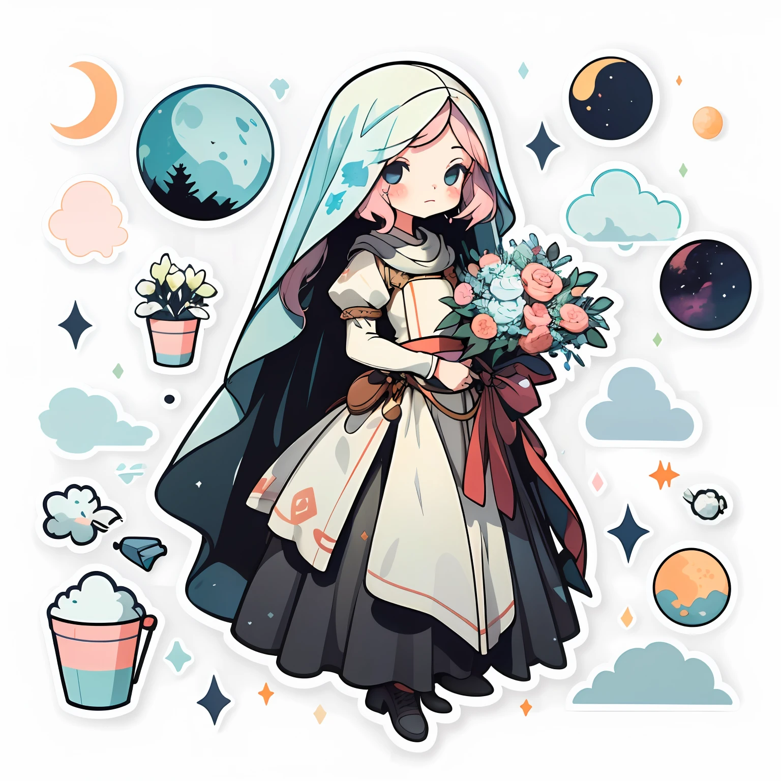 1 sticker, handbook, (sticker, 1 girl, medieval heavy dress, moon. veil, bouquet, element split), watercolor, white background, simple background, minimal, cute, tiny, pastel color, vector style, no gradient,