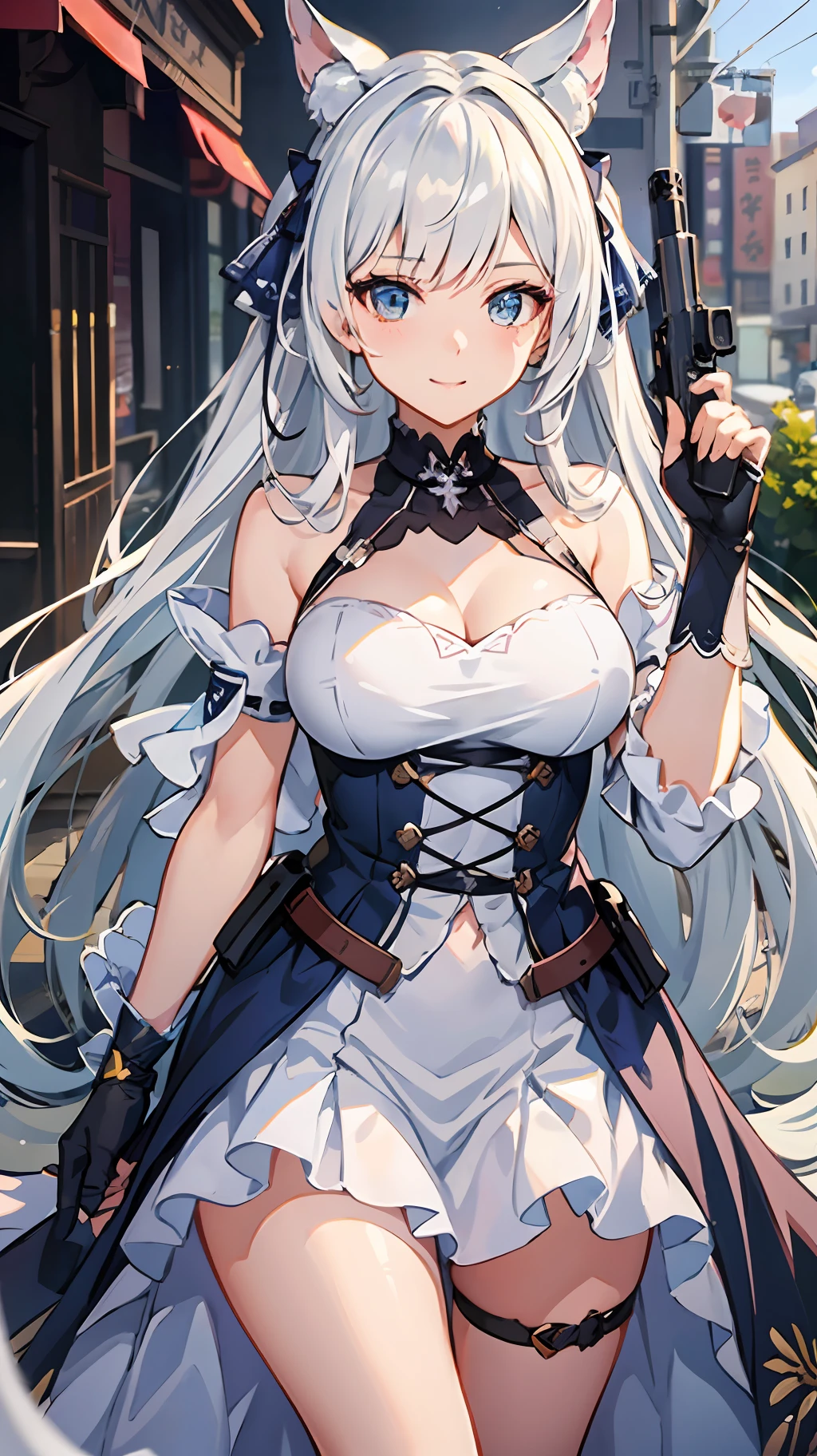 anime girl with long white hair and a blue dress holding a gun, from the azur lane videogame, cute anime waifu in a nice dress, characters from azur lane, azur lane style, anime visual of a cute girl, perfect white haired girl, trending on artstation pixiv, anime girl with long hair, cushart krenz key art feminine