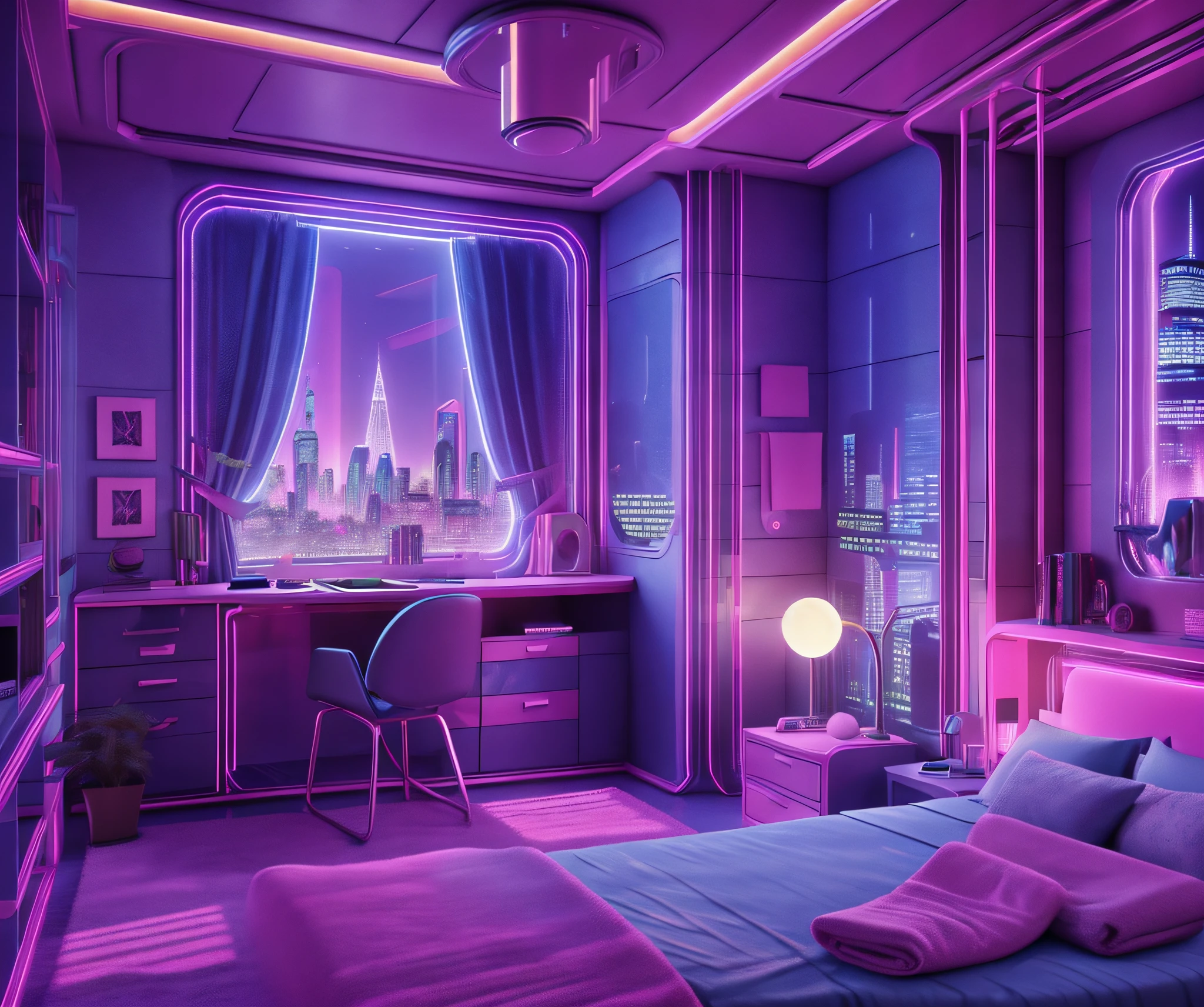 ((masterpiece)), (ultra-detailed), (intricate details), (high resolution CGI artwork 8k), Create an image of a woman's bedroom with atmospheric lighting. One of the walls should feature a big window with a busy, colorful, and detailed cyberpunk cityscape. Futuristic style with lots of colors and LED lights. The cityscape should be extremely detailed with depth of field. Utilize atmospheric lighting to create depth and evoke the feel of a busy futuristic city outside the window. Pay close attention to face details like intricate, hires eyes and bedroom accents. Camera: wide shot showing the room and the window. Lighting: use atmospheric and volumetric lighting to enhance the cityscape details. The room should be illuminated by the neon lights from the cityscape.