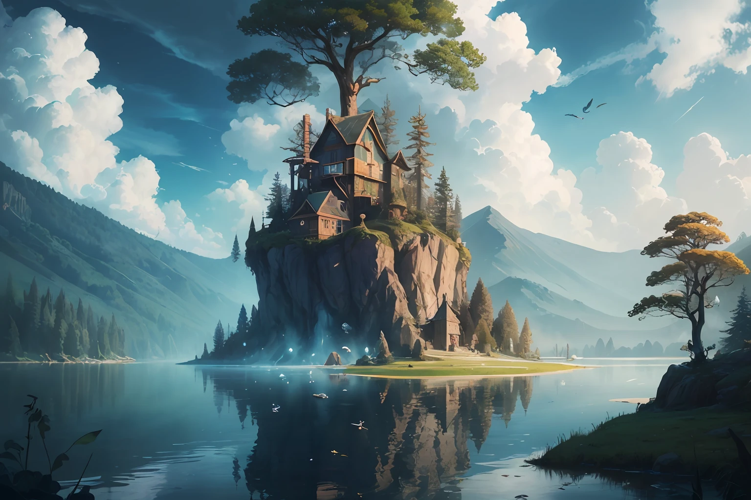 Elf Kingdom, house full of design, forest, lake, sky, clouds, fantasy incredible, supersaturated, surreal, Pixar style, high resolution, artgerm, masterpiece, super detailed, epic composition, high quality, highest quality, 16k