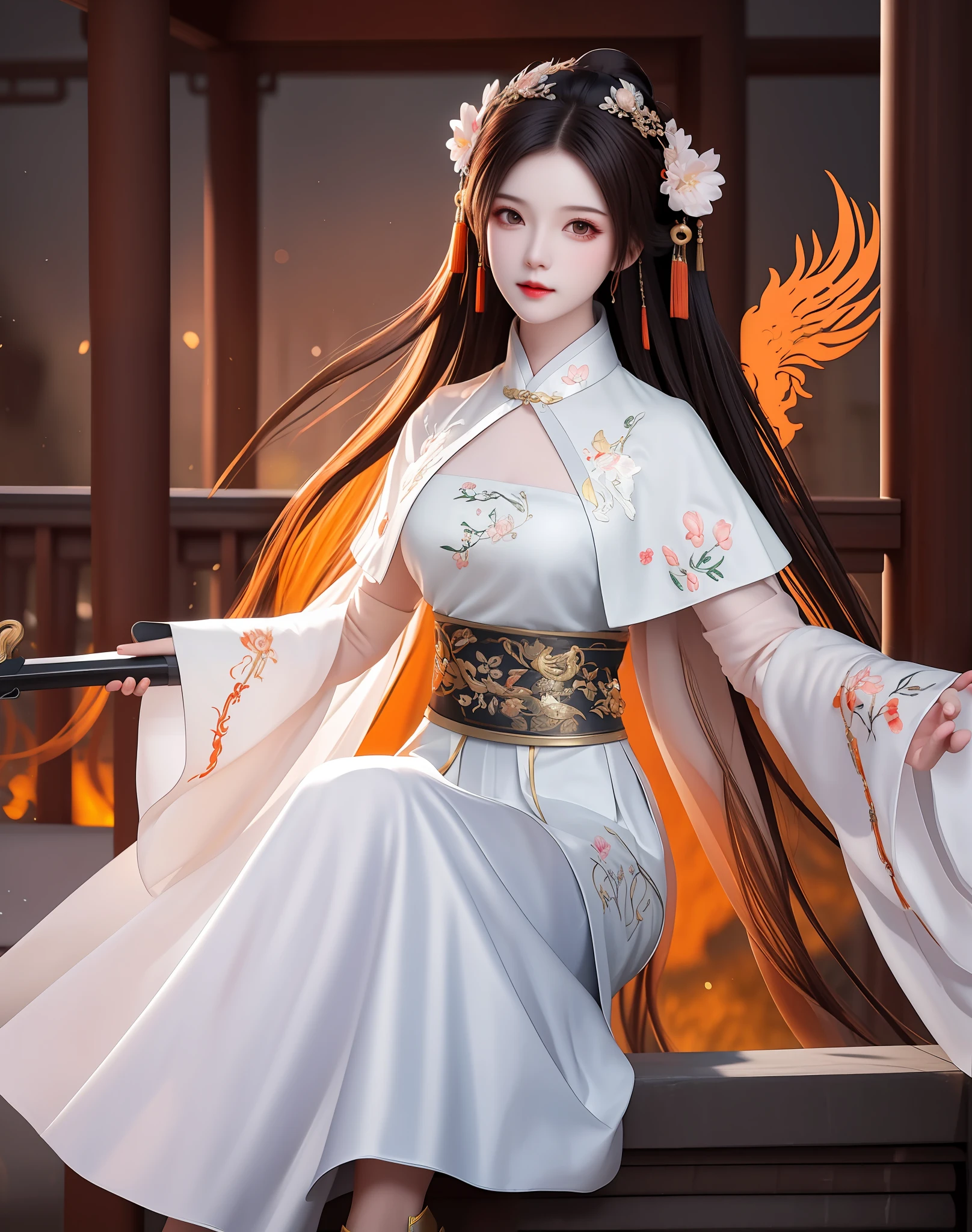 best quality, masterpiece, high resolution, 1girl, ancient chinese battlefield background, guwez style artwork, white hanfu, cape, metal collar, hair accessory, necklace, jewelry, beautiful face, upon_body, tyndall effect, realistic, dark studio, edge lighting, duotone lighting, (high detail skin:1.2), 8k ultra hd, DSLR, soft lighting, high quality, volumetric lighting, frank, Photos, high resolution, 4k, 8k, bokeh, full body fairy, Ancient folding fan, chest embroidered phoenix, bare arms, weapons, short bracers, stockings, weapons