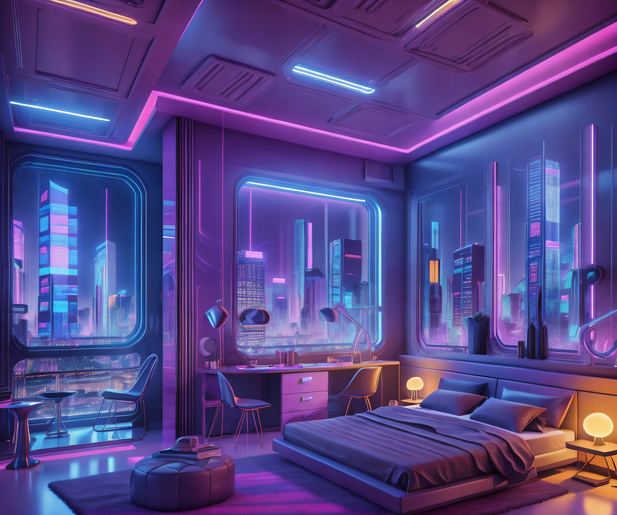 ((masterpiece)), (ultra-detailed), (intricate details), (high resolution CGI artwork 8k), Create an image of a woman's bedroom with atmospheric lighting. One of the walls should feature a big window with a busy, colorful, and detailed cyberpunk cityscape. Futuristic style with lots of colors and LED lights. The cityscape should be extremely detailed with depth of field. Utilize atmospheric lighting to create depth and evoke the feel of a busy futuristic city outside the window. Pay close attention to face details like intricate, hires eyes and bedroom accents. Camera: wide shot showing the room and the window. Lighting: use atmospheric and volumetric lighting to enhance the cityscape details. The room should be illuminated by the neon lights from the cityscape.