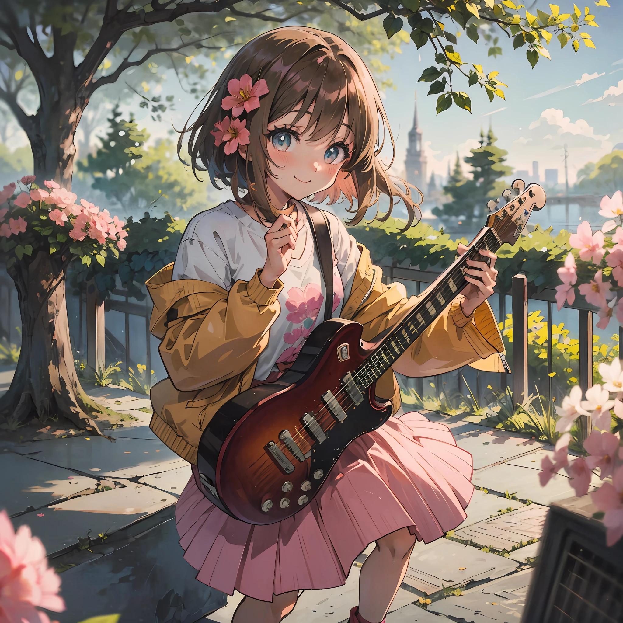 (masterpiece), (best quality), (super detailed), (full body: 1.2), 1 girl, gore, chibi character, cute, smile, closed mouth, outdoors, playing guitar, music, holding guitar, jacket, blush, tree, : 2, shirt, short hair, half up, five fingers, cherry, blurry, brown hair, pink cheeks, long sleeves, bangs, pink flowers, (beautiful detailed face), (beautiful detailed eyes), Looking at the camera, anime illustrations, anime taste --auto