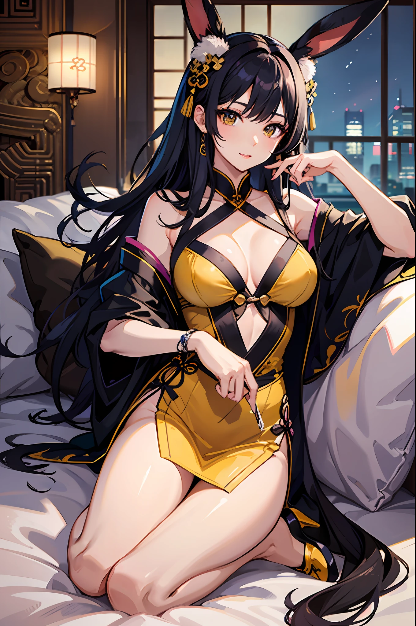 araffe in a yellow dress sitting on a bed with a bunny ears on her head, beautiful asian girl, sexy girl, japanese goddess, gorgeous chinese model, asian girl, gorgeous young korean woman, beautiful yellow woman, korean girl, sexy dress, sexy body, beautiful south korean woman, japanese model, beautiful detailed body and face, seductive anime girl, sexy hot body
