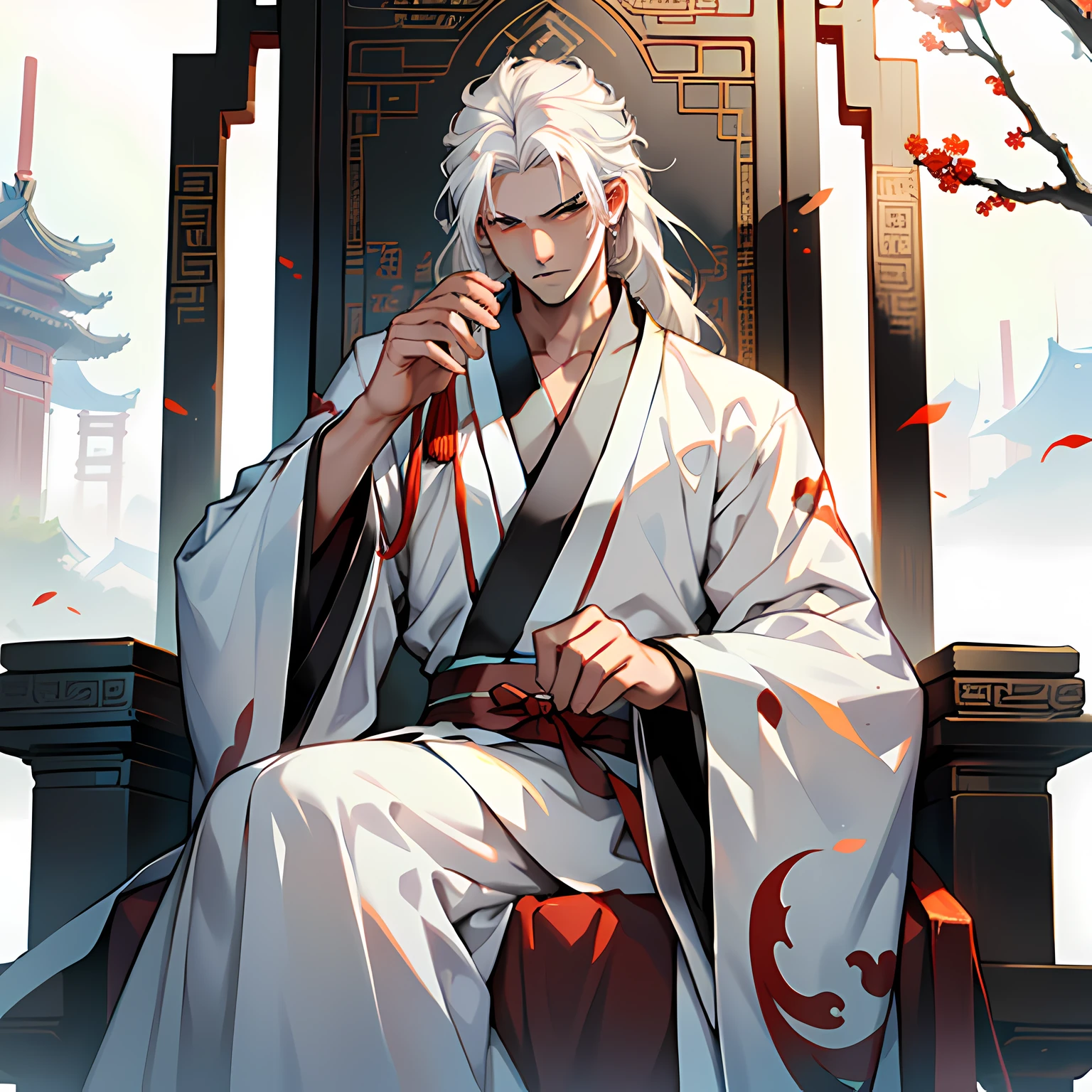 20. (1 person) ( (((white hair))),(((aboy))).((white Hanfu youth)), (((white hair)))(((black clothes))), (((Long white hair))), kingly air, gorgeous, handsome, outstanding temperamen, sits on the sacred throne, indifferent) (background: the sacred, resplendent palace hall of ancient China).