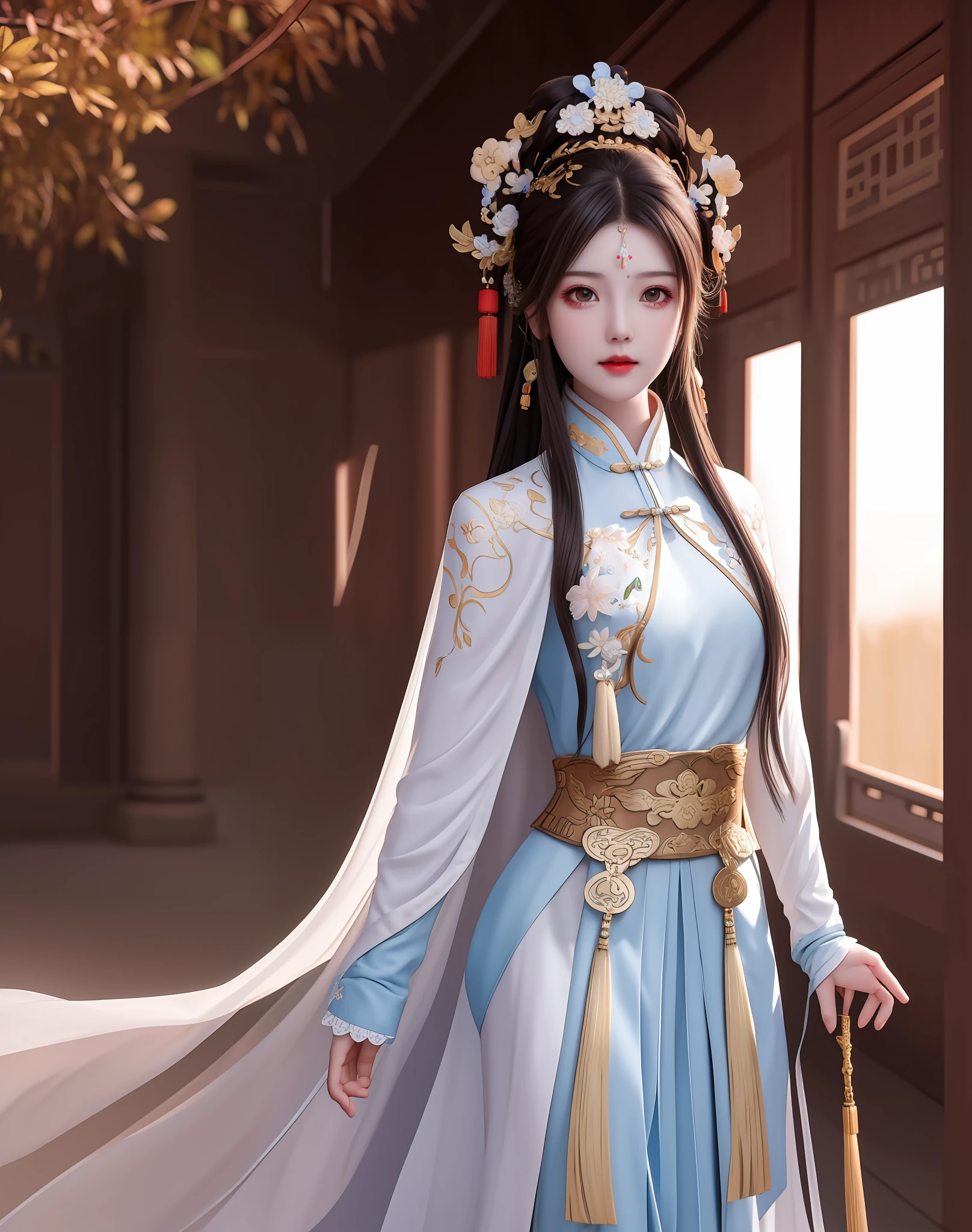 best quality, masterpiece, high resolution, 1girl, ancient chinese battlefield background, guwez style artwork, white hanfu, cape, metal collar, hair accessory, necklace, jewelry, beautiful face, upon_body, tyndall effect, realistic, dark studio, edge lighting, duotone lighting, (high detail skin:1.2), 8k ultra hd, DSLR, soft lighting, high quality, volumetric lighting, frank, Photos, high resolution, 4k, 8k, bokeh, full body fairy, Ancient folding fan, chest embroidered phoenix, bare arms, weapons, short bracers, stockings, weapons