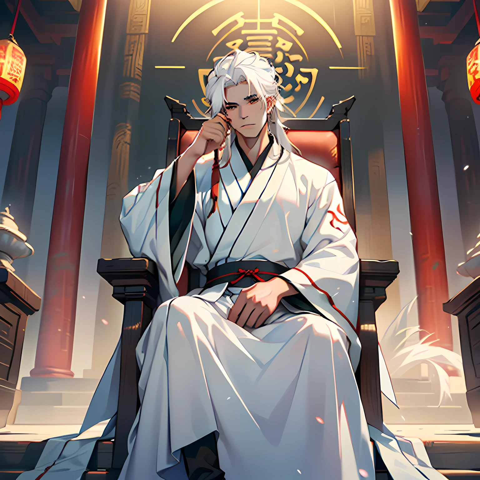 20. (1 person) ( (((white hair))),(((aboy))).((white Hanfu youth)), (((white hair)))(((black clothes))), (((Long white hair))), kingly air, gorgeous, handsome, outstanding temperamen, sits on the sacred throne, indifferent) (background: the sacred, resplendent palace hall of ancient China).