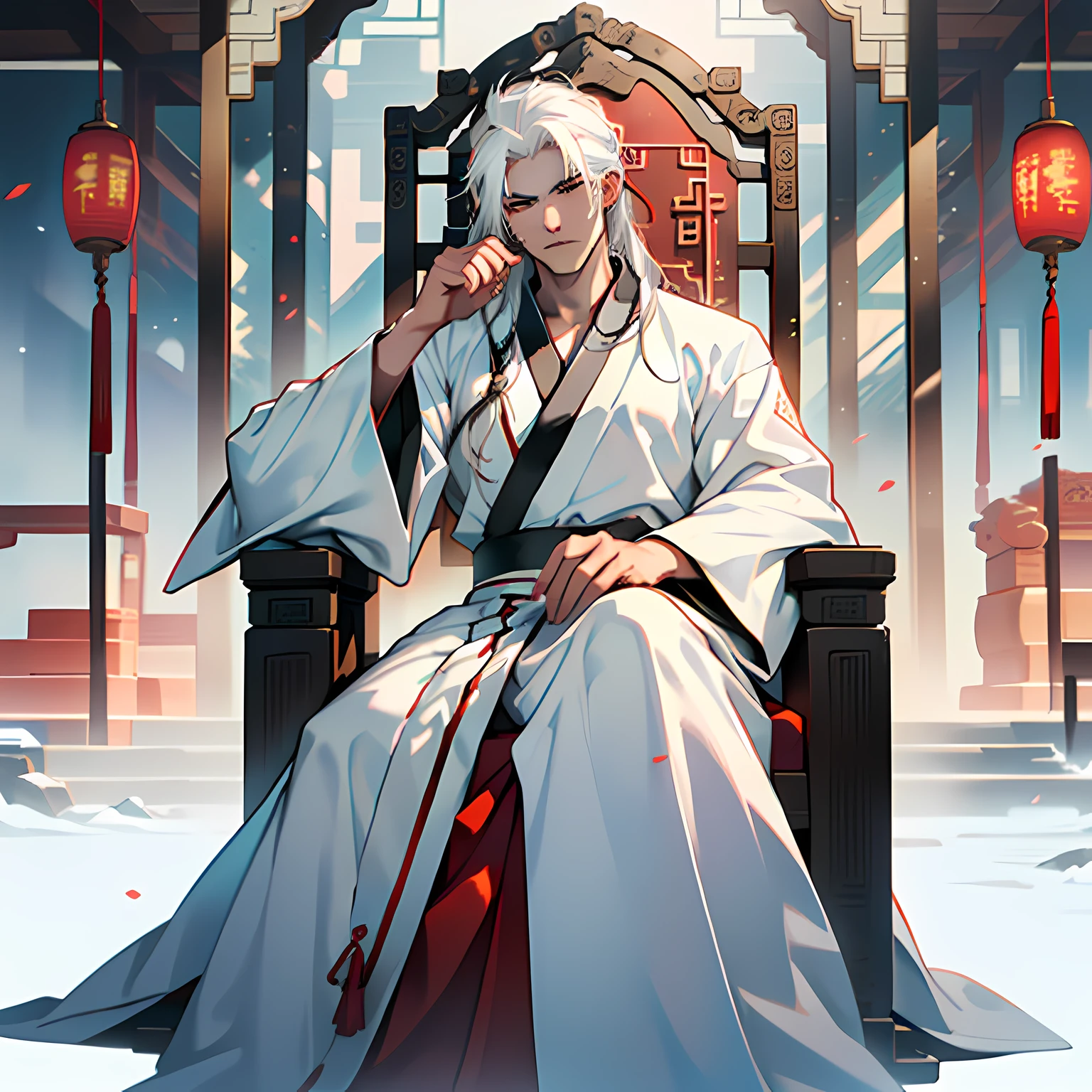 20. (1 person) ( (((white hair))),(((aboy))).((white Hanfu youth)), (((white hair)))(((black clothes))), (((Long white hair))), kingly air, gorgeous, handsome, outstanding temperamen, sits on the sacred throne, indifferent) (background: the sacred, resplendent palace hall of ancient China).