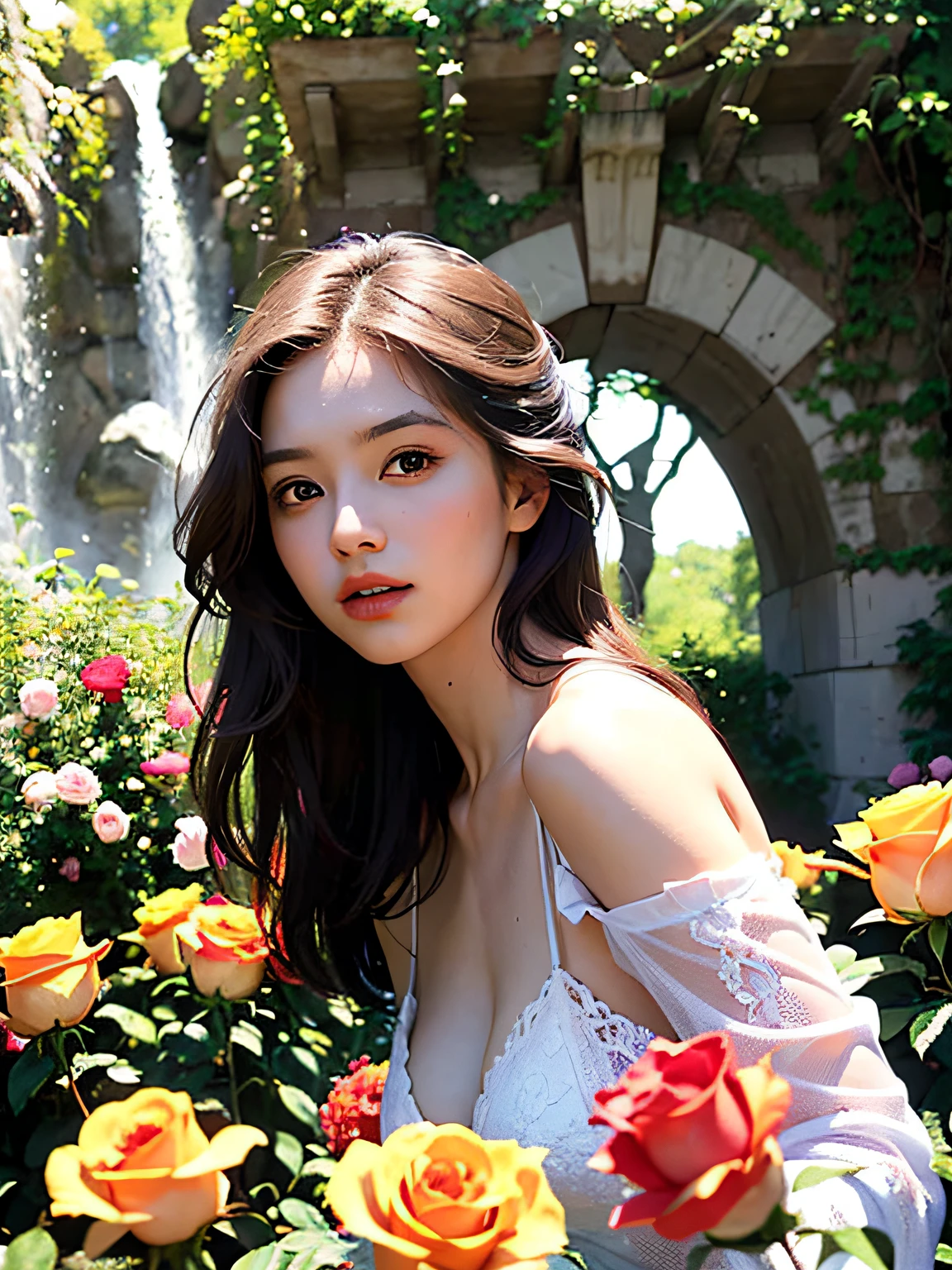 Best quality, masterpiece, super high resolution, (realism: 1.4), original photo, 1girl, off-the-shoulder, in the sun, deep shadows, understated, warm light, behind a portal made of pink and yellow roses, portal made of roses, beautiful flowers grow, overgrown with flowers, outdoors