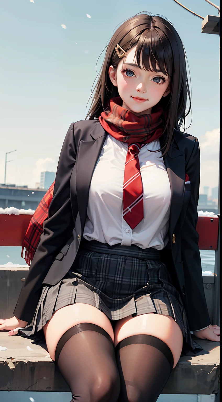 1girl, solo, thighhighs, skirt, long hair, scarf, jacket, hair ornament, necktie, smile, outdoors, brown hair, brown eyes, looking at viewer, hairclip, shirt, sitting, red scarf, white shirt, school uniform, bangs, black jacket, plaid, long sleeves, plaid skirt, open clothes, black thighhighs, blazer, closed mouth, pleated skirt, open jacket, sky, brown skirt, snow, blush, fringe trim, sweater, sweater vest, snowing, black necktie, night, collared shirt, miniskirt, feet out of frame, lamppost,
best quality ,masterpiece,realistic,Vibrant colors:1.5, an extremely delicate and beautiful, finely detail, extremely detailed CG unity 8k wallpaper,huge filesize , ultra-detailed, highres, RAW photo, vivid, intricate details, perfect eyes, perfect face, perfect lighting,