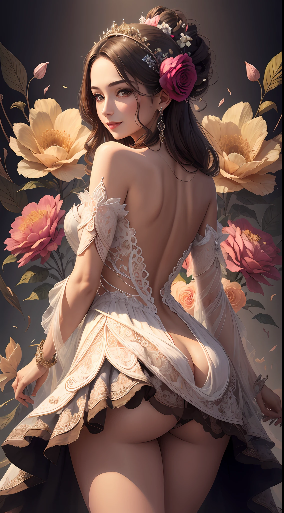 (Masterpiece, top quality, best quality, official art, Beauty and aesthetics: 1.2), (1 girl: 1.3), very detailed, (fractal art: 1.2), colorful, highest detail, (zentangle: 1.2), (dynamic pose), (abstract background: 1.5), (three-layer dress: 1.2), (shiny skin), (multiple colors: 1.4), upper body, transparent gauze, bare shoulders, blooming flower field, glowing skin, light smile, y, bust, nakrom below, butt up ing up