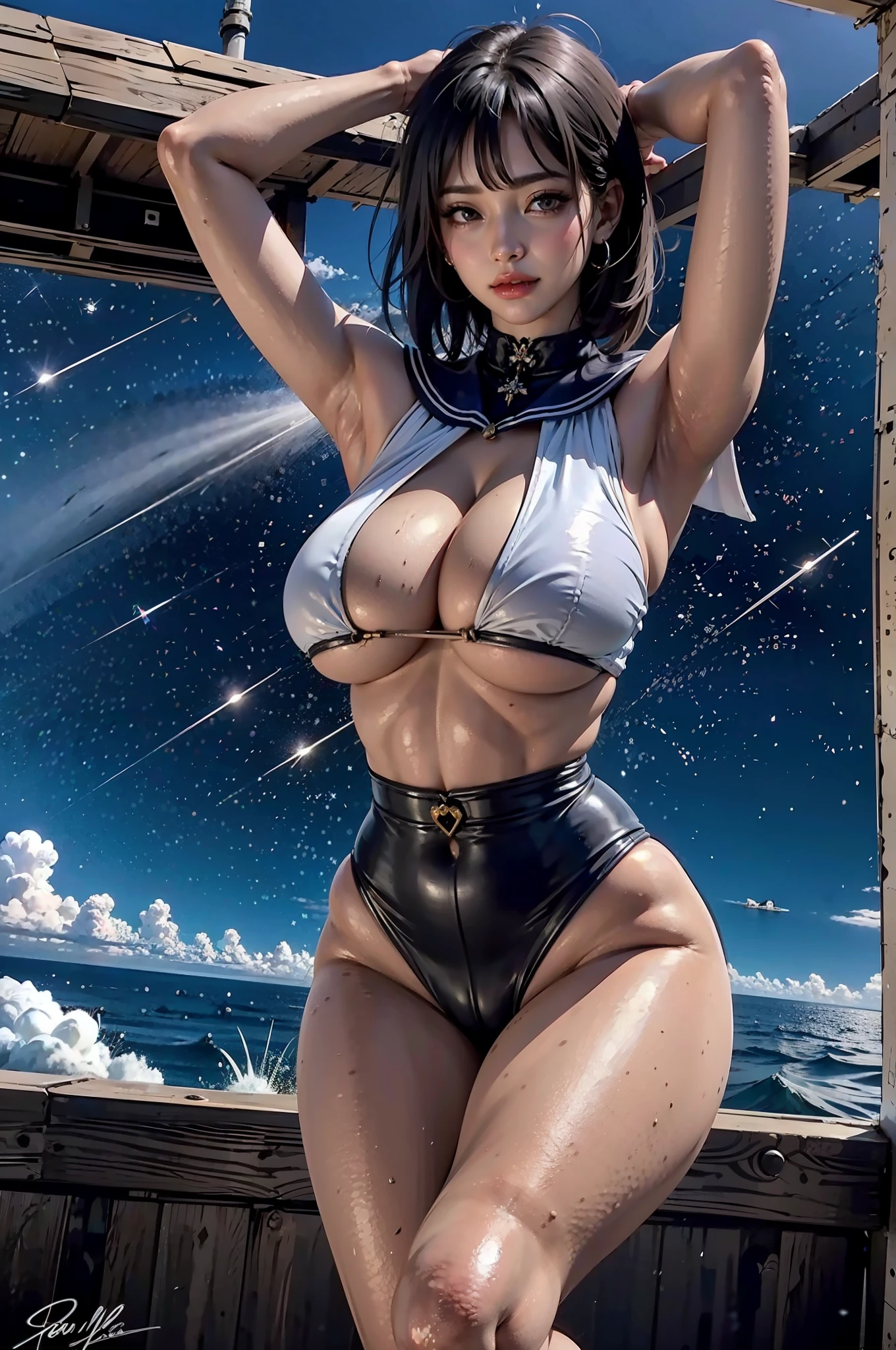 Sailor Moon succubus Waifu, Azur lane, signature sailor Moon outfit, underboob, cleavage, gigantic breasts perfect hair perfect face perfect body perfect hands perfect fingers perfect breasts perfect image, balanced, masterpiece perfect background, in space, alone, galactic beauty, Sailor Moon demon, short black hair with bangs, tattoos, labret piercing, ear piercings, sexy, attractive alluring looking cool relaxed natural pose, breasts swinging freely, swollen breasts, oversized breasts, super thick small waist highly detailed high resolution perfect composition professional quality octane render 3dcg 8k