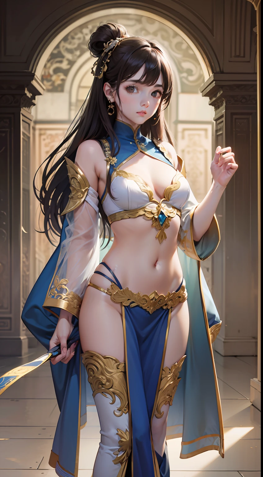 ((solo)),((ultra-detailed)),extremely detailed cg 8k wallpaper,extremely delicate and beautiful ,overexposure, highly detailed, cinematic lighting,cinematic highlight hair, (best quality), ((masterpiece)),1girl,looking at viewer, simple background,small breasts, full body, dunhuang