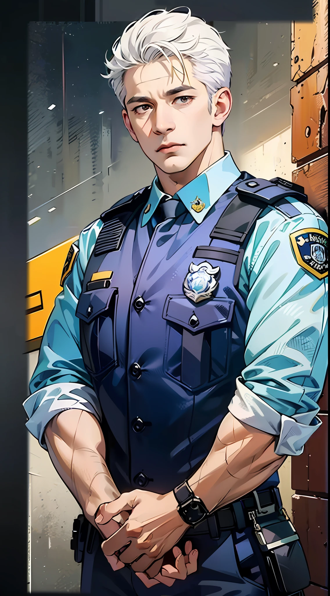 (Absurd, High Resolution, Ultra Detail, HDR), Masterpiece, Best Quality, (Middle-aged), (Male Police Officer), Wearing Police Uniform, Brown Eyes, White Hair, 1:2, Half, Attention Proportion, Panorama, Standing Painting