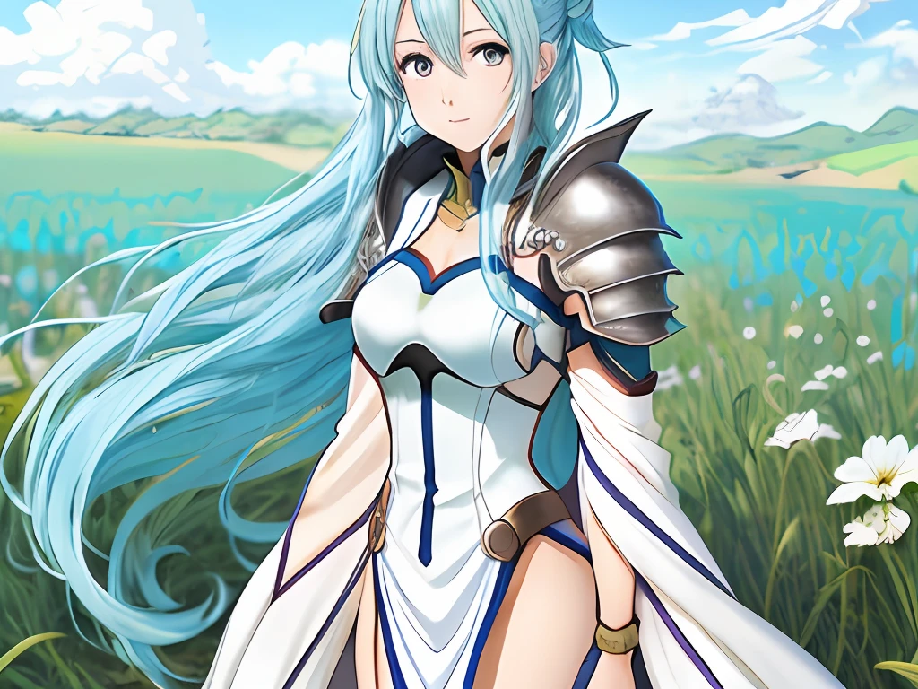 Anime girl with blue hair and white dress posing in a field, Zodiac Girl Knight, Zodiac Girl Knight in portrait, inspired by anime goddess, Rei Kamoi, Fusley, pale blue armor, SFW version, God of White Hair, Flowing White Robe, Aqua of Konosuba