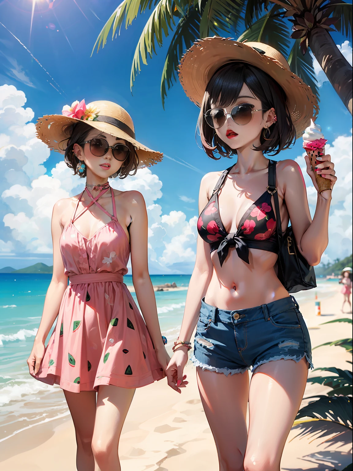 Summer, 2 girls, Beach ,, Brownish, coconut tree, printed halter top, a pink dress, redlips, hat decorated with small flowers, sunglasses, floral, ear ring, jewelry, pink denim shorts, ice cream,,,,,,,,, ice watermelon, tag, SKY、, out door,,