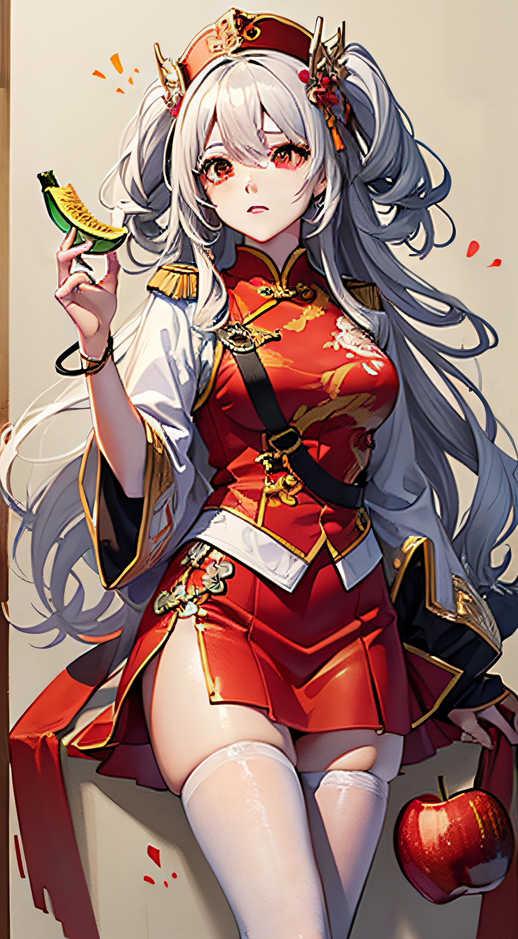 (illustration), very detailed, CG, unified, (sketch), (water painting), ((color splash)), ((ink splash)), (staining))), ((Chinese painting)), ((color)),
1 girl, medium shot, holding a pistol, white hair, (red eyes), (red uniform), ((red skirt)), (white pantyhose),
(Pistol: 1.6), (Pineapple: 1.3), (Watermelon: 1.3), (Dragon Fruit: 1.2), (Apple: 1.2), (Banana: 1.2), (Tropical Fruit: 1.3), (Ice: 1.2),
(Splash: 1.6)