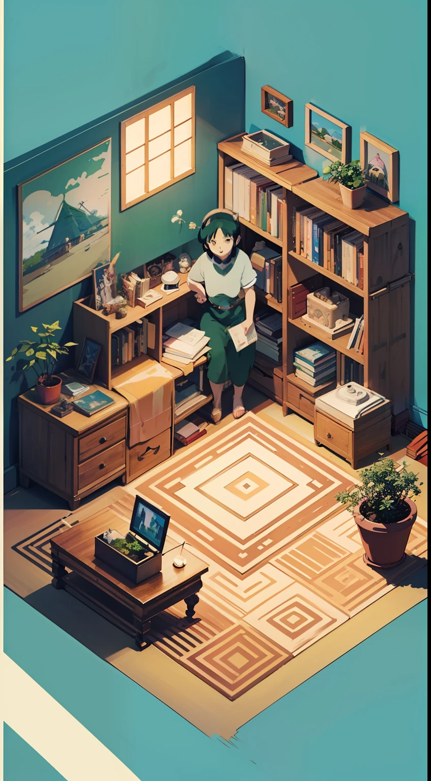 (isometric:1.2),(masterpiece,best quality:1.2),(highres:1.1),(Highest picture quality),(master's work),living room,cute,hands,feet,(shiny skin:1.1)，(studio Ghibli style:1.5)