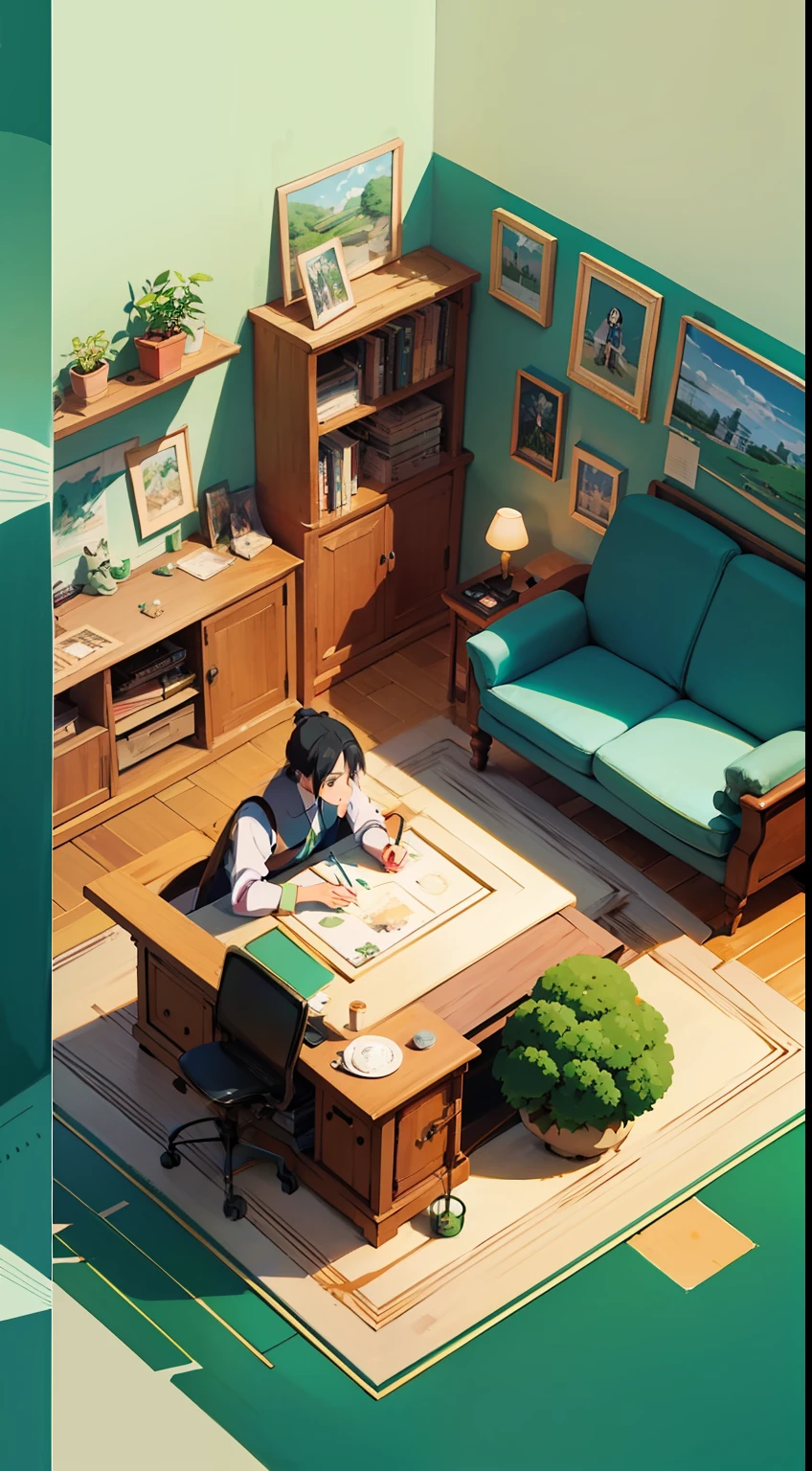 (isometric:1.2),(masterpiece,best quality:1.2),(highres:1.1),(Highest picture quality),(master's work),living room,cute,hands,feet,(shiny skin:1.1)，(studio Ghibli style:1.5)