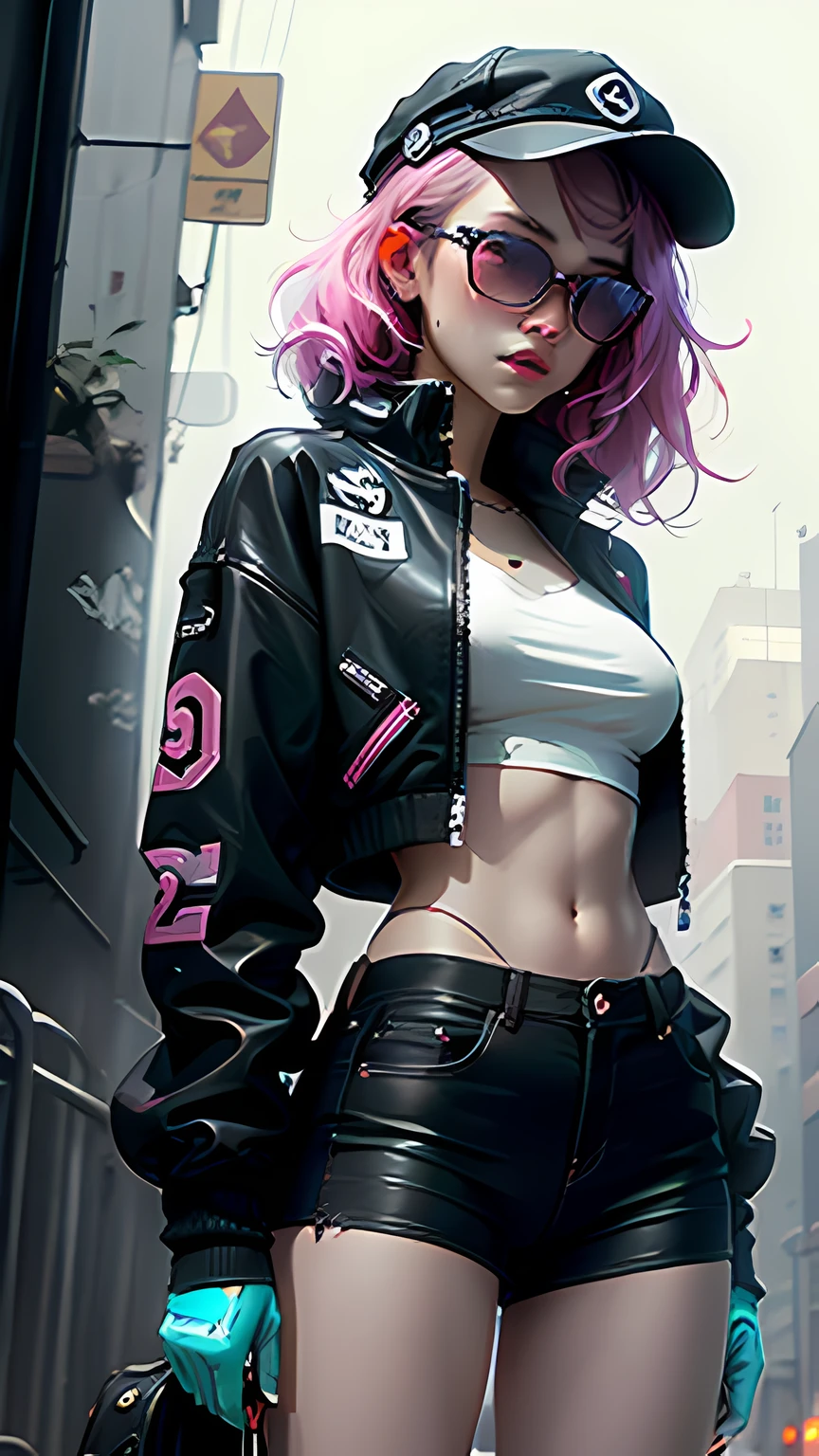 Beautiful woman medium hair, wearing cap, cyberpunk style short clothes