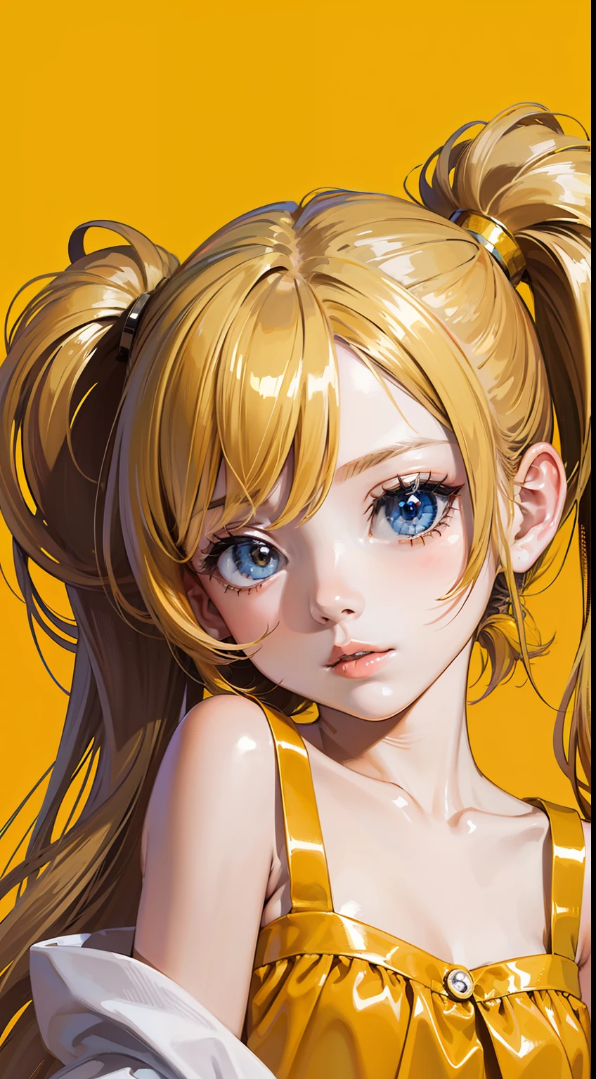 (masterpiece, high quality, highres,Highest picture quality), (Master's work),yellow background,dynamic Angle,Solid color background,Flat color,
cute little girl,loli,solo,solo focus,detailed eyes,detailed face,shiny hair, shiny skin, shiny eyes, yellow hair,low twintails,collarbone, bare shoulders,yellow clothes,