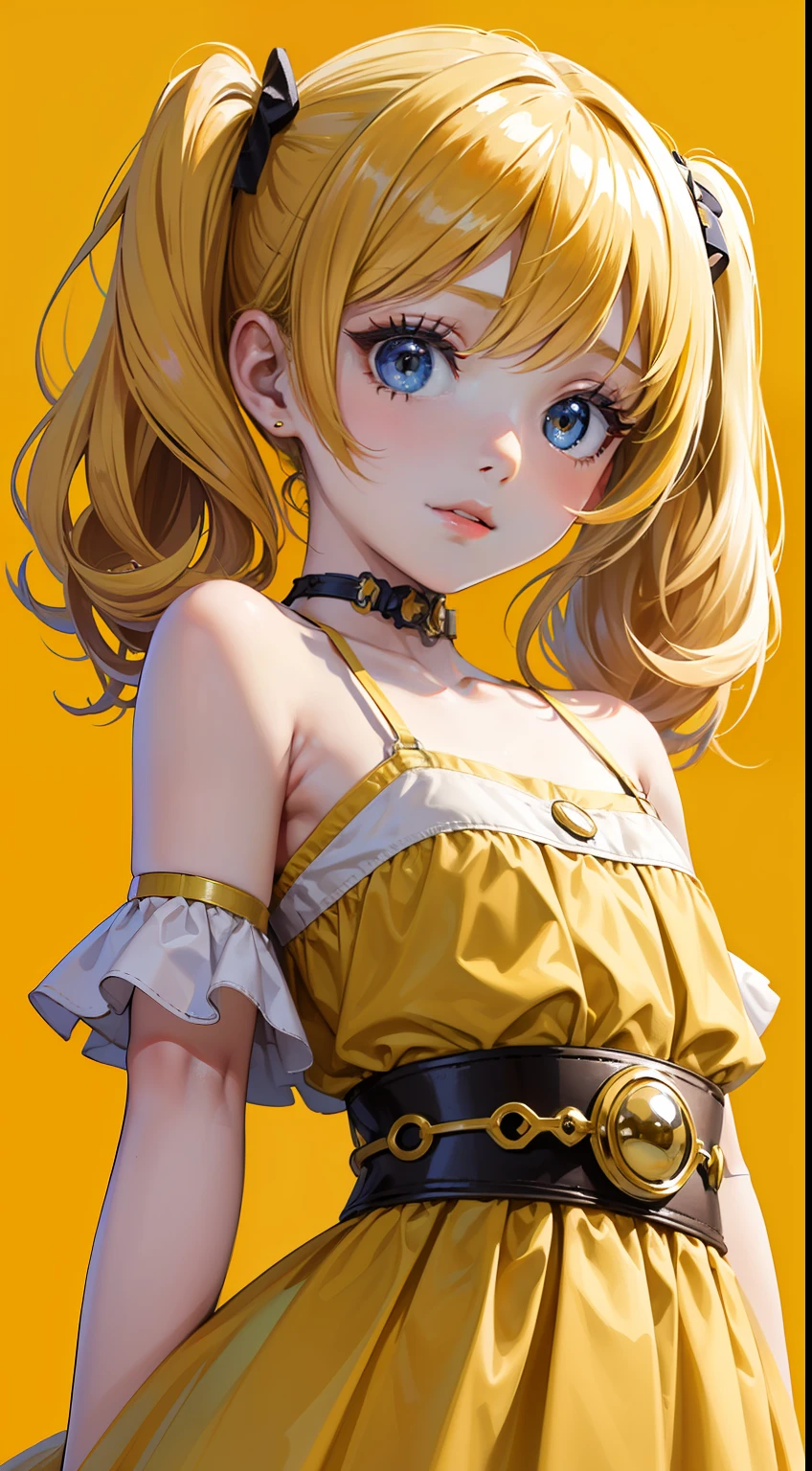 (masterpiece, high quality, highres,Highest picture quality), (Master's work),yellow background,dynamic Angle,Solid color background,Flat color,
cute  girl,loli,so,solo focus,detailed eyes,detailed face,shiny hair, shiny skin, shiny eyes, yellow hair,low twintails,collarbone, bare shoulders,yellow clothes,