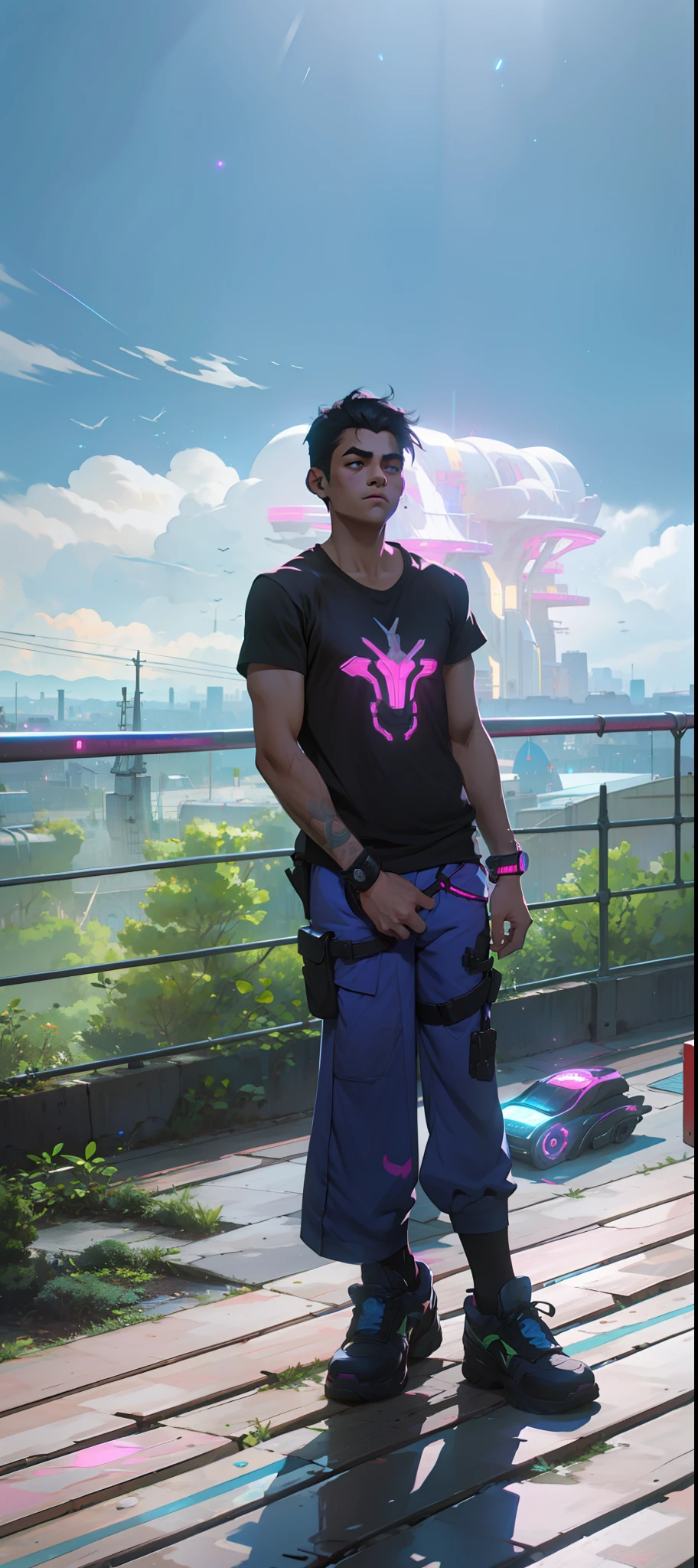 Young man with black hair black shirt with pink detail blue pants resting on a deck illuminated by blue and pink lights of a futuristic city in the background at night cyberpunk technological style