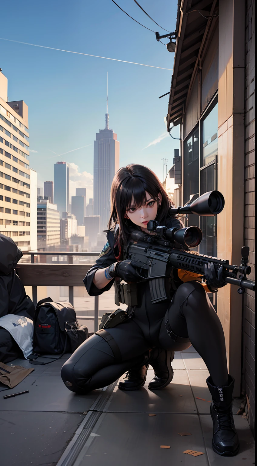 best quality, 4k,photorealistic, detailed assault rifle, super detailed texture, game cg, octane rendered,
1sniper,holding weapon,rooftop,optical sight, shooting girl, assault rifle,barrett, bodysuit,