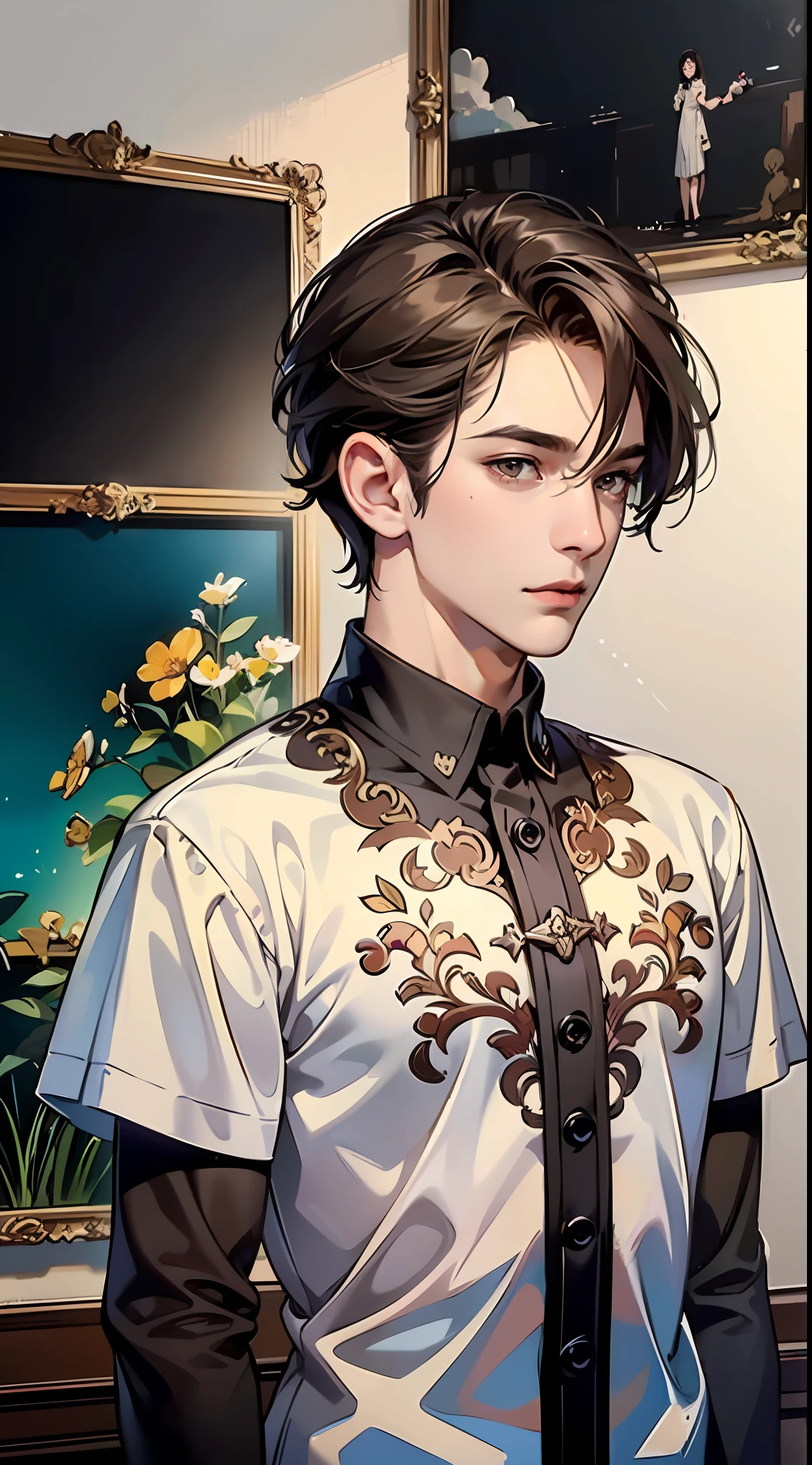 (Ridiculous, High Resolution, Ultra Detail, HDR), Masterpiece, Best Quality, Black Shirt, Brown Eyes, Short Hair, Fine Eyes and Detailed Face, Vertical Drawing, (Standing Painting), Pure White Background, Looking at the Camera, Full Body, Attention Ratio, 1:2, ((Men)), Gentle, Handsome.